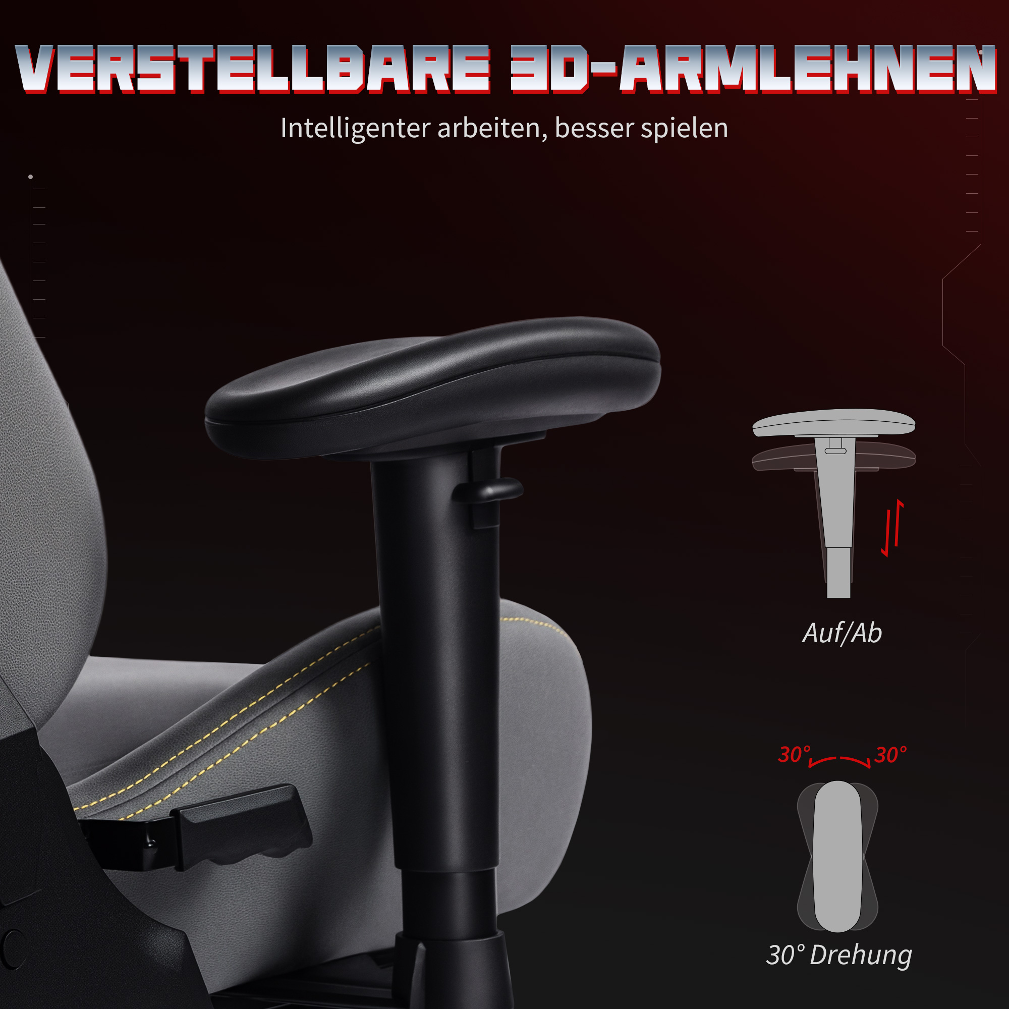 Ergonomischer Gaming-Stuhl mit 3D-Armlehnen, verstellbar, rollbarer Schreibtischstuhl mit Lendenstütze, Grau