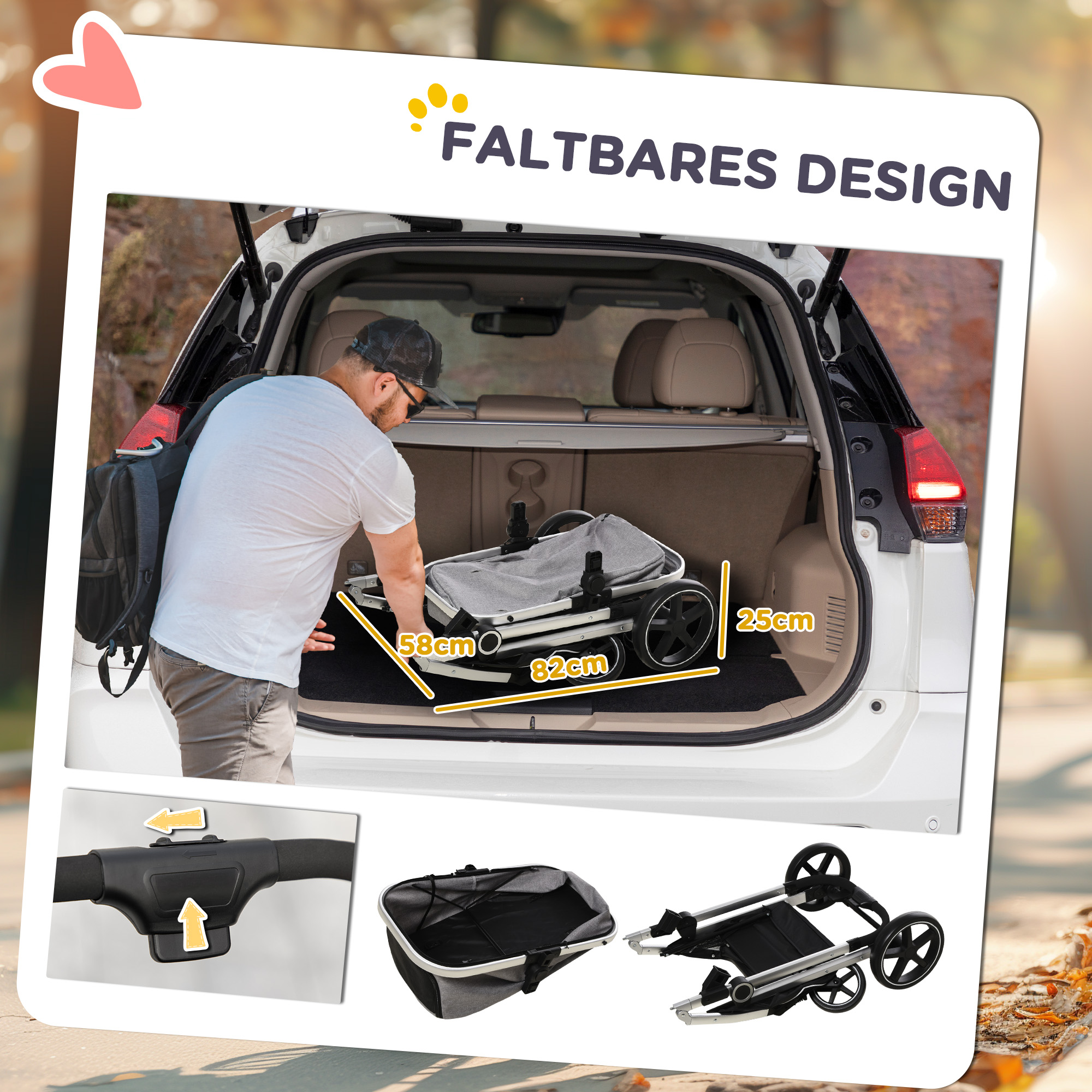 Hundebuggy Hundewagen bis 10 kg Klappbar Tragtasche Bodenkorb 83 cm x 58 cm x 102 cm, Hellgrau