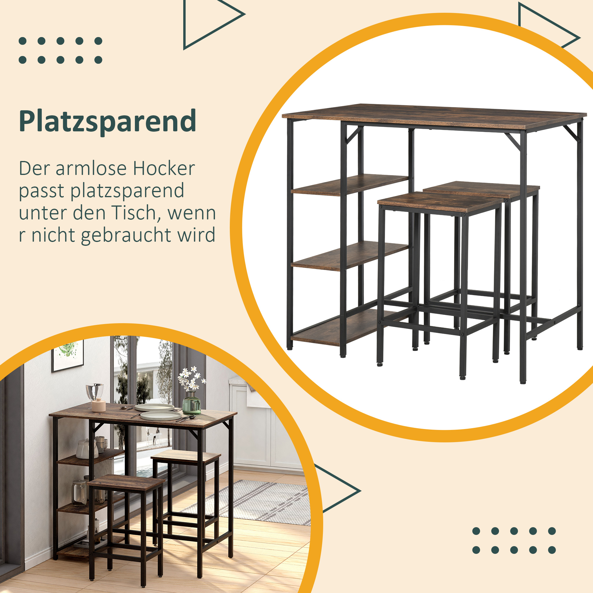 Bartisch-Set Stehtisch mit 2 Barhockern Essgruppe 3-teiliges Tischset Küchentresen mit Regale Spanplatte Stahl Rustikales Braun+Schwarz 109 x 60 x 100 cm