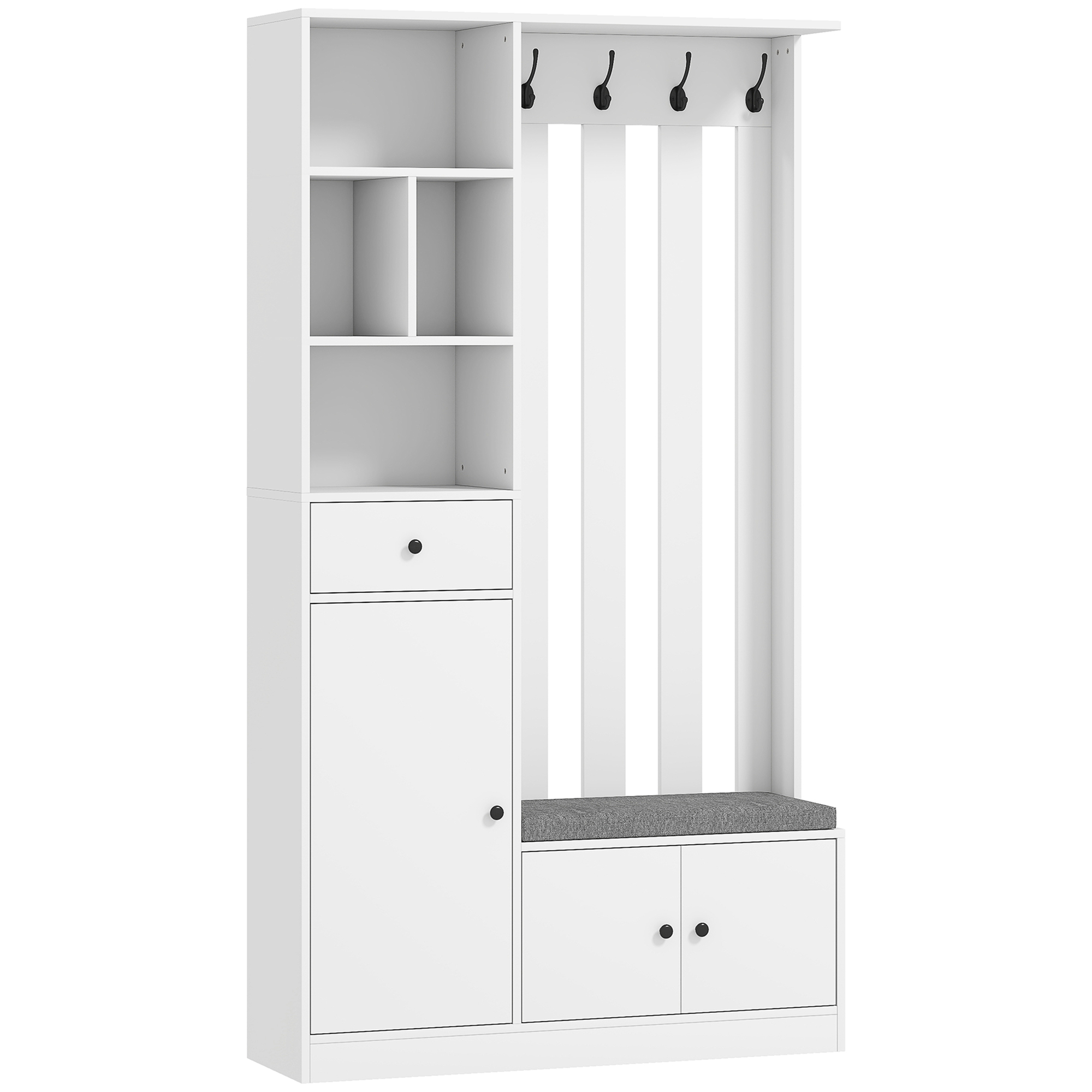 180 cm Garderobenschrank mit Kleiderständer, Schuhbank, 4 Haken, offene Ablageflächen, MDF, Weiß