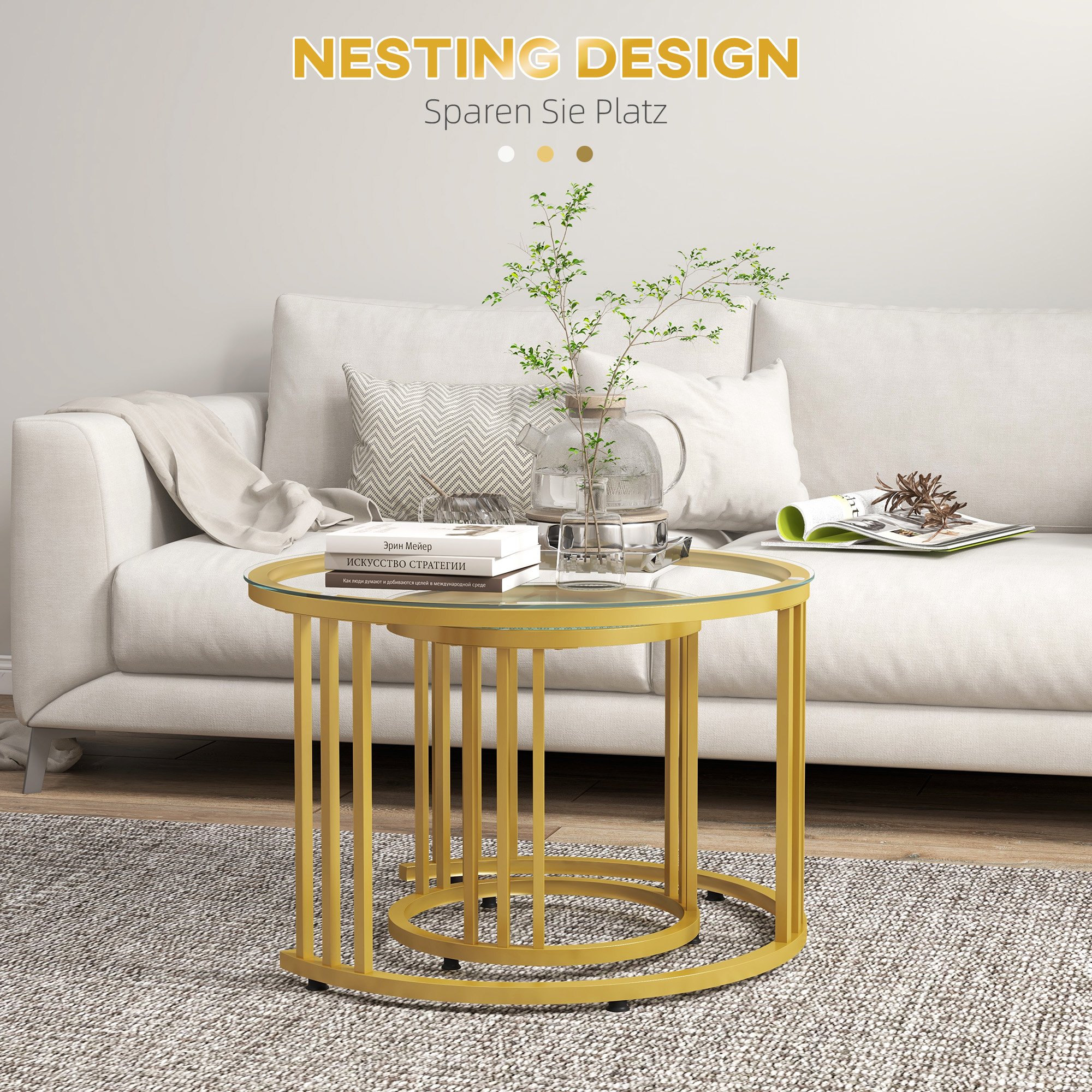 Beistelltisch-Set, 2 Satztische, Karbonstahl, Glasplatte, Ø60x47/Ø40x42 cm, Gold
