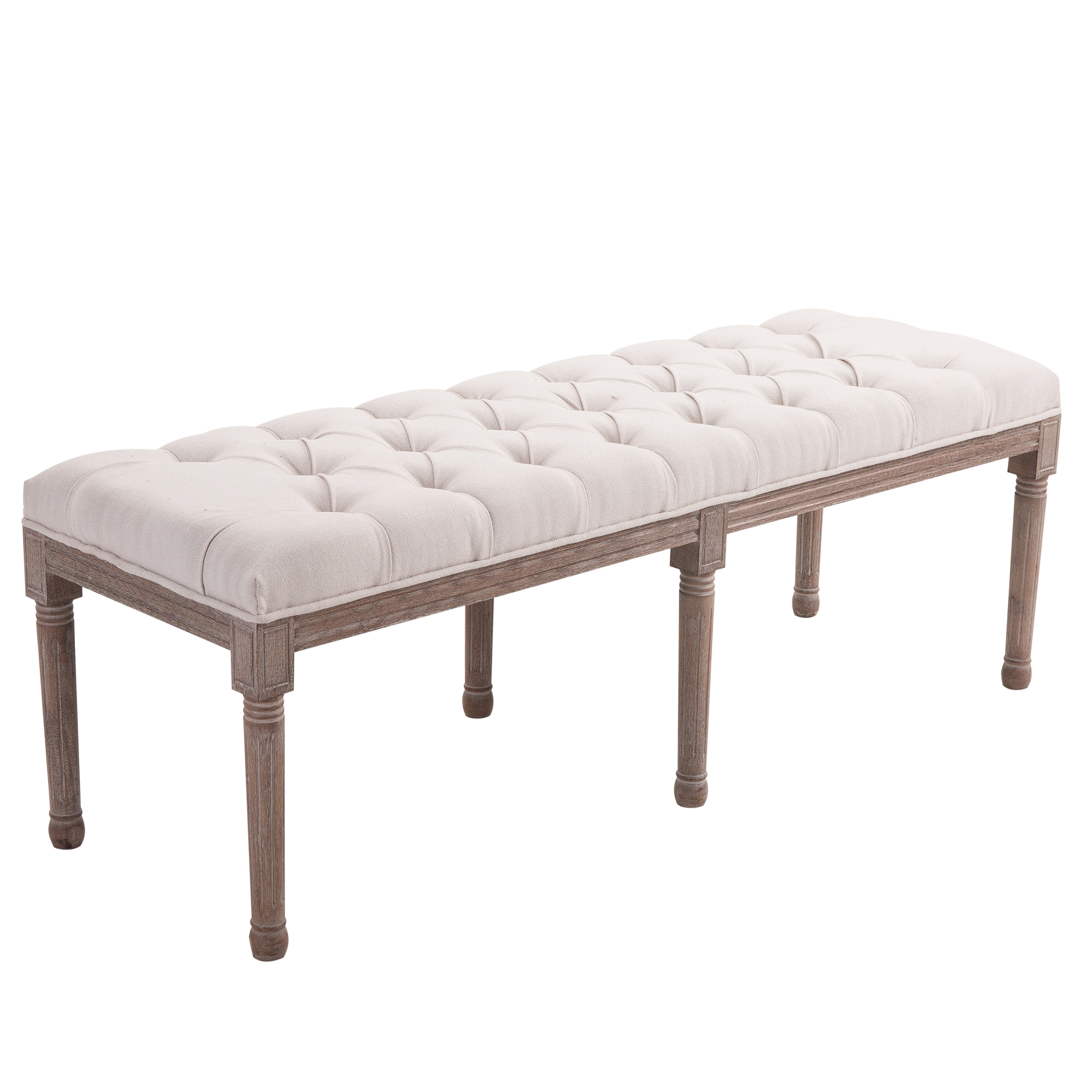 Polsterbank Sitzbank Lounge Sitzhocker Vintage Retro mit Knöpfen Leinen + Holz beige 142 x 47 x 51 cm