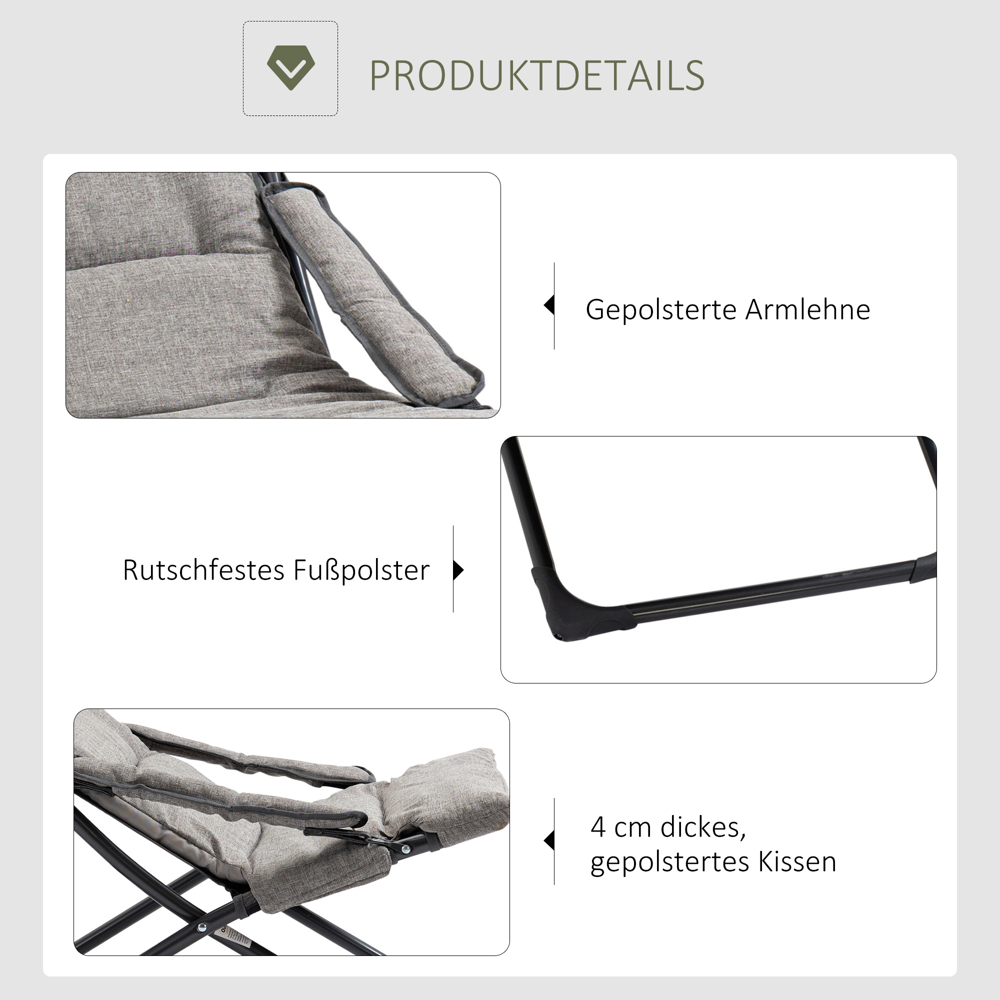 Gartenstuhl aus Metall Klappstuhl mit Auflage abnehmbar wetterfest klappbar Campingstuhl Liegestuhl 120kg Belastbarkeit Sitzmöbel für Garten Terrasse Balkon 66B x 94T x 79H cm Grau