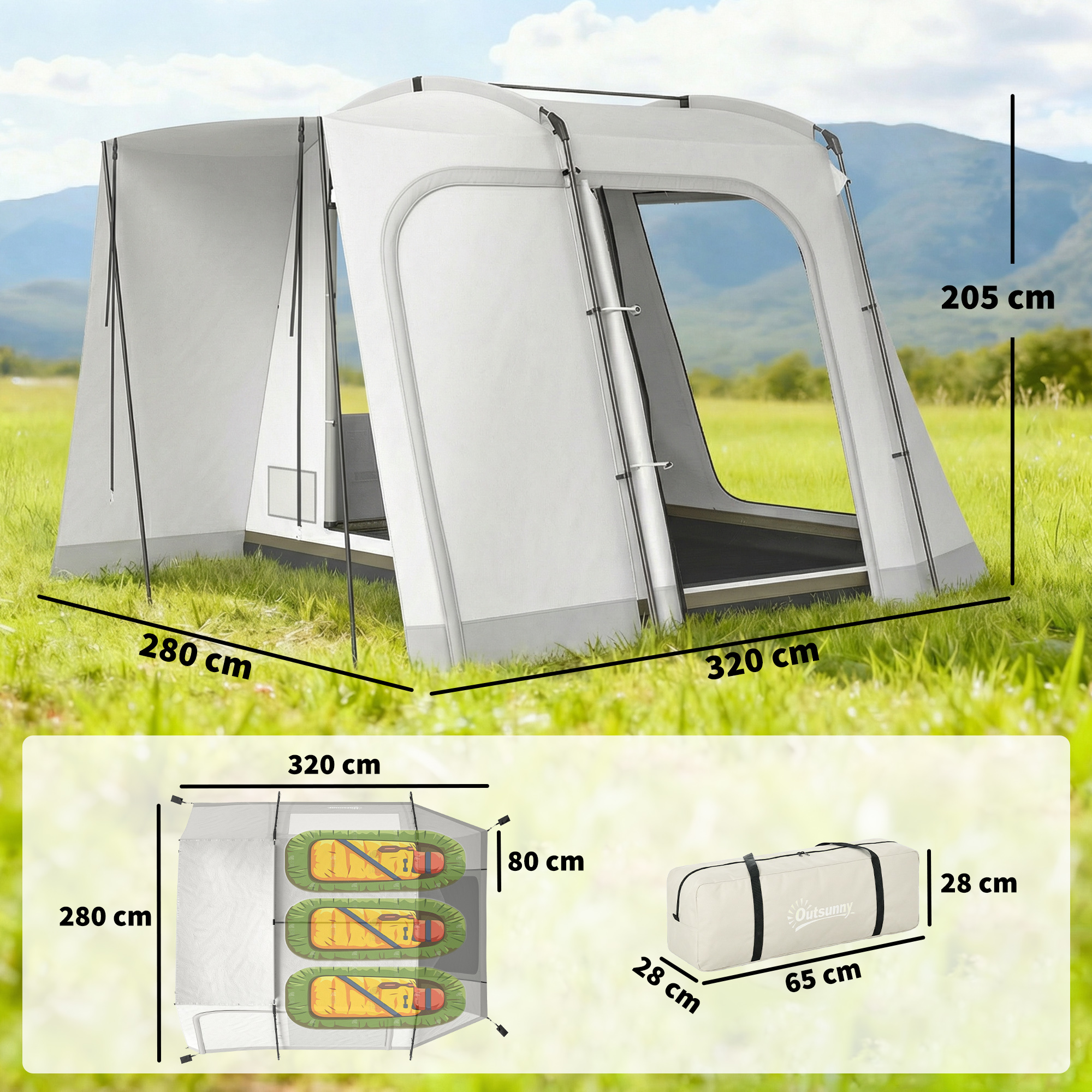 Heckzelt für 2-4 Personen, 320 x 280 x 205 cm 2 in 1 Autozelt wasserdicht Tunnelzelt mit 4 Türen Fenster Bodenplane