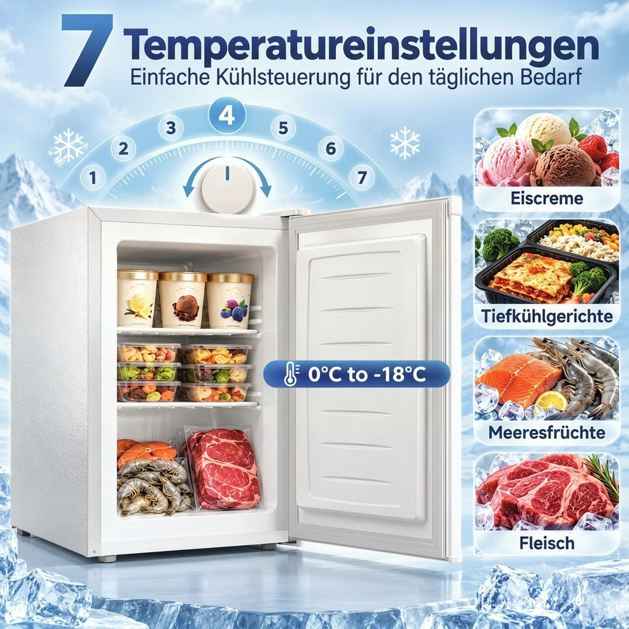Mini-Gefrierschrank 59 l, Tisch-Gefrierschrank, Türanschlag wechselbar, Ablagen entnehmbar, Temp. einstellbar, Weiß