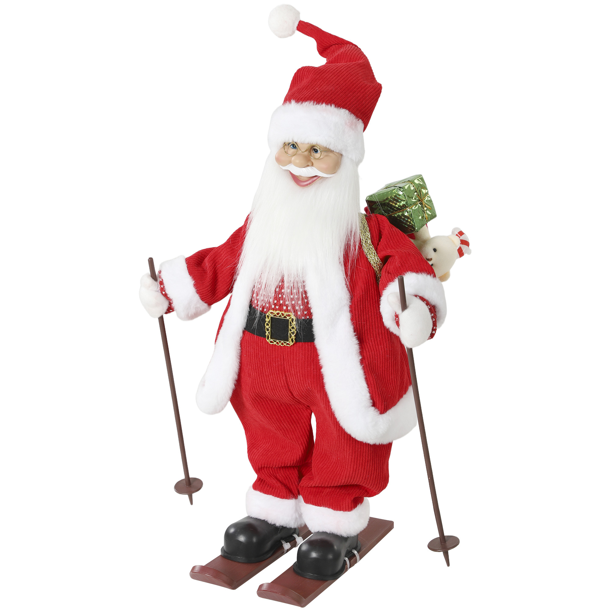 Singender Ski-Weihnachtsmann, 66 cm, animierte stehende Weihnachtsfigur mit Skiern, Geschenkesack und Geräusch-/Berührungsaktivierung