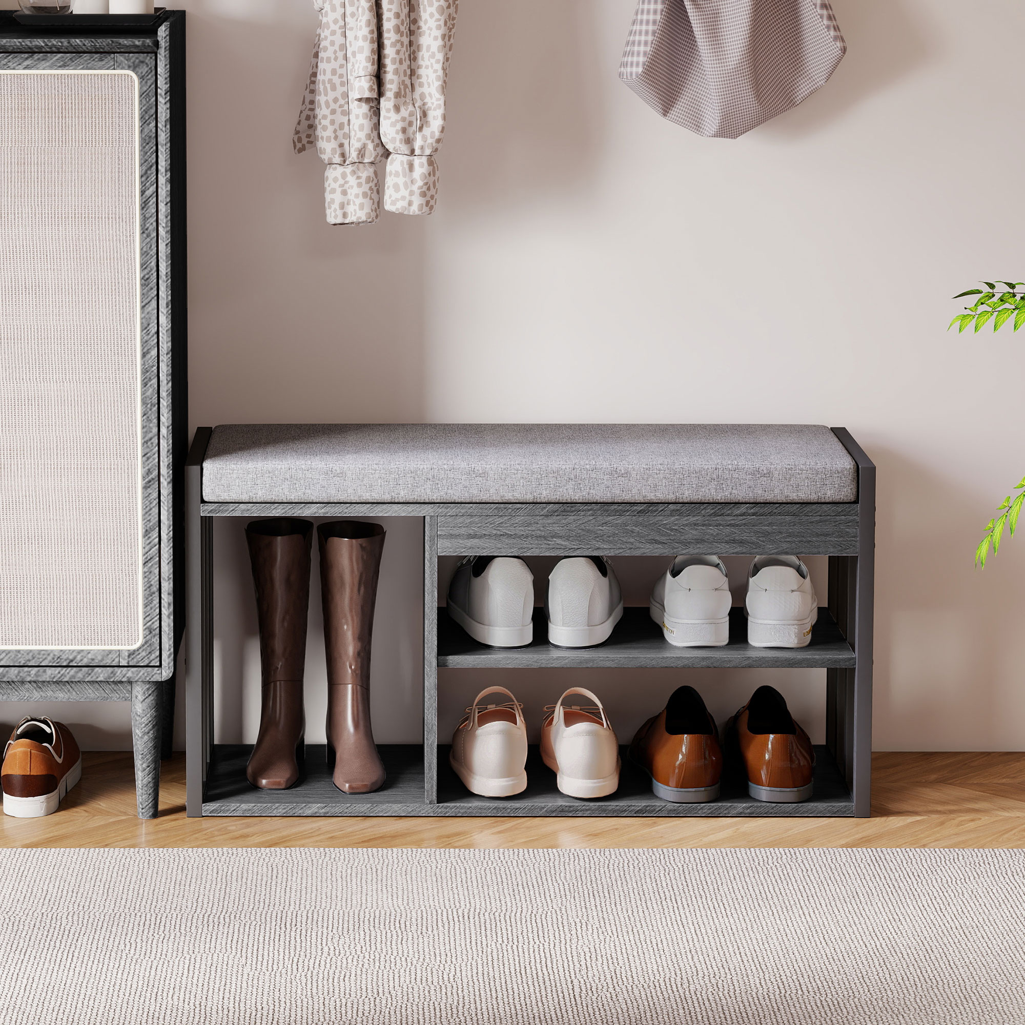 Schuhregal mit Sitzbank, Flurregal für Schuhe, Schuhschrank mit 3-stufigem Design, für Flur, Eingangsbereich, Wohnzimmer, Schlafzimmer, Grau
