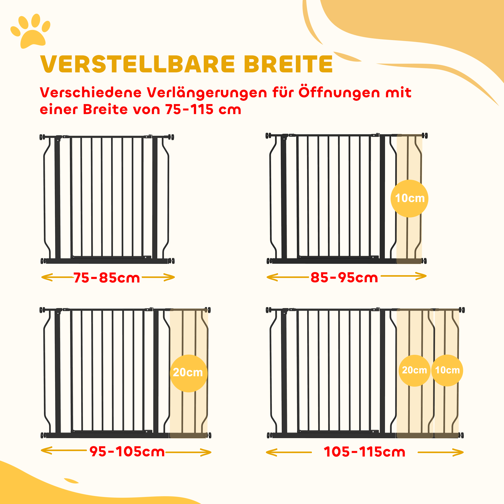 Hunde-Absperrgitter, Klemmmontage, verstellbare Länge, Stahl/ABS, 75-115 x 76cm, Schwarz