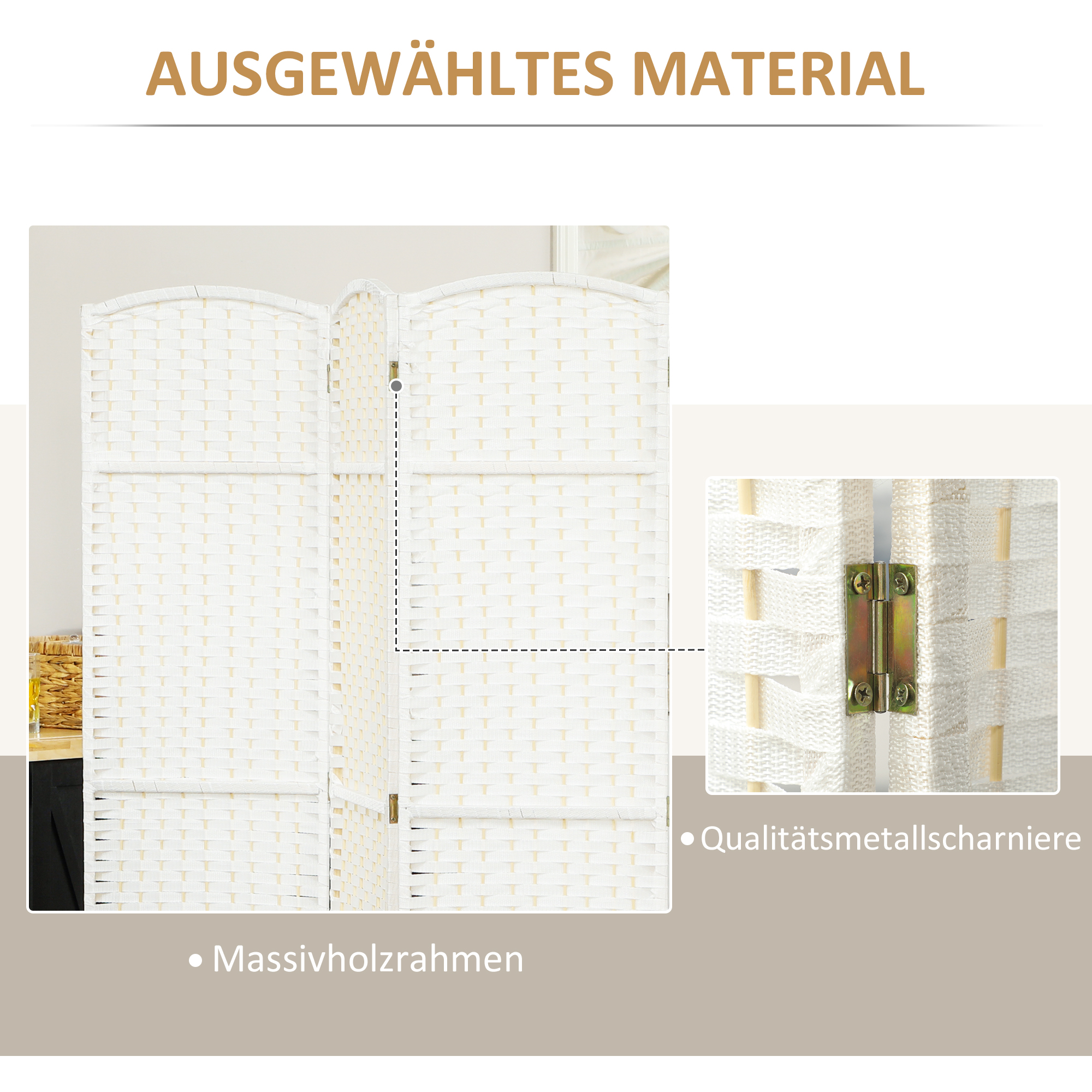 6-teiliger Raumtrenner, Faltbarer Sichtschutz, Sichtschutzwand für Wohnzimmer, Schlafzimmer, Homeoffice, Weiß