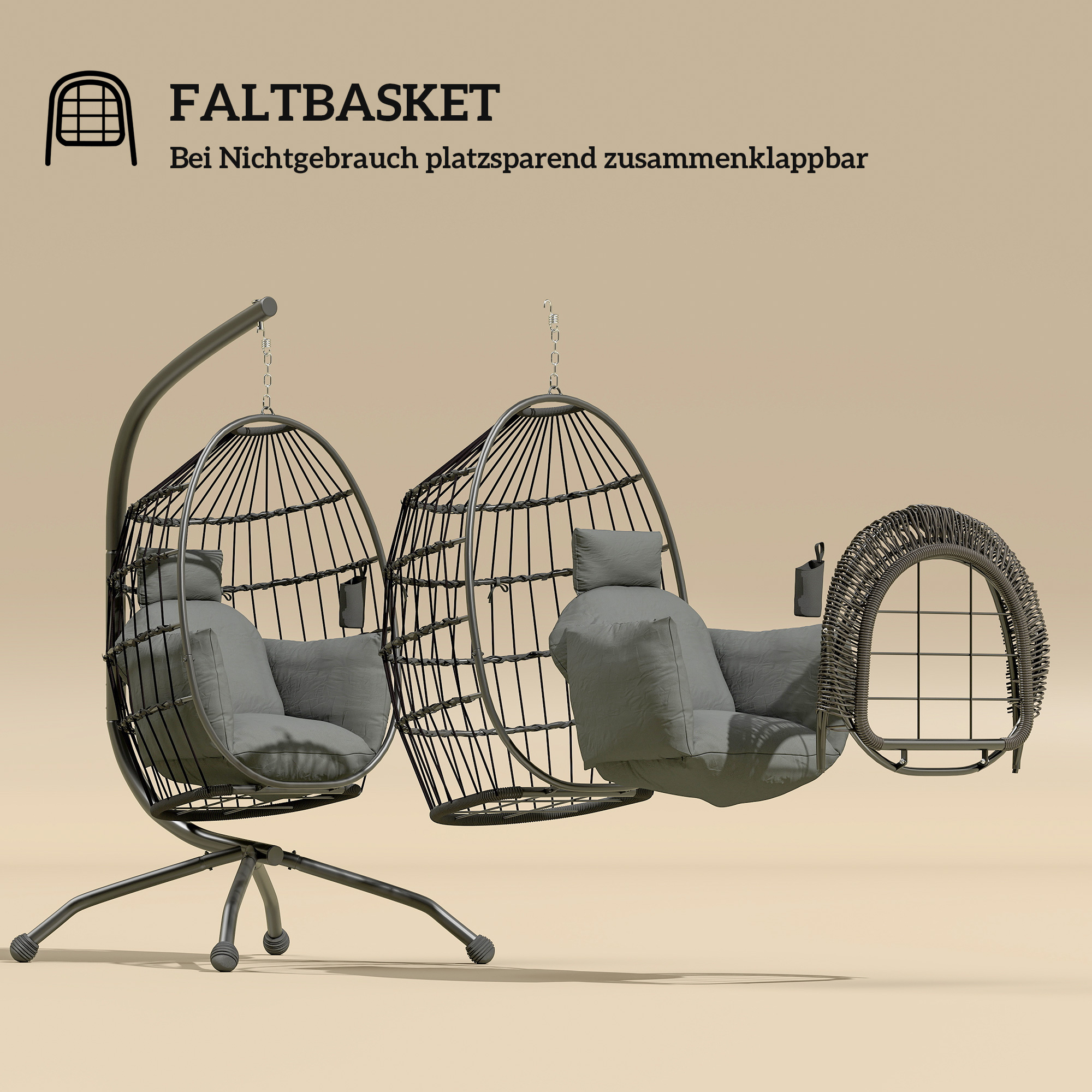 Hängender Outdoor-Schaukelstuhl mit faltbarem Korbsitz und dicken Kissen, Ständer, Kopfstütze, Becherhalter, Schwarz