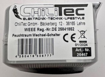 Feuchtraum Wechsel-Schalter, IP44, 250V~/ 10A, inkl. AP-Rahmen, grau