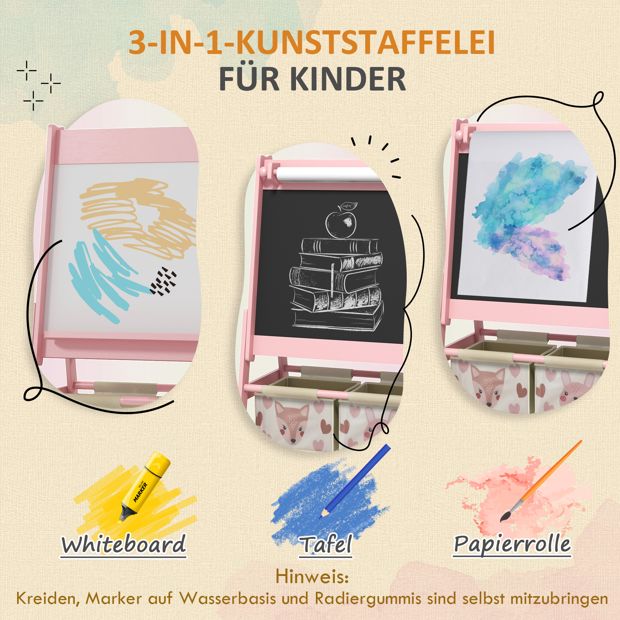 3-in-1 Kinder Staffelei mit Papierrolle, Kreidetafel, Whiteboard, Aufbewahrungskörbe, 54 x 46,5 x 93 cm, rosa
