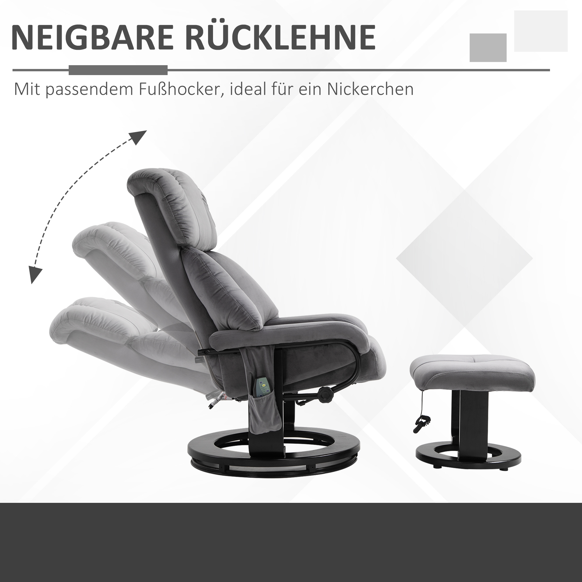 Relaxsessel mit Hocker, Drehbarer Fernsehsessel mit Schwingmassage, Liegefunktion, Massagesessel mit Seitentasche, Liegesessel mit Samtoptik für Wohnzimmer Grau