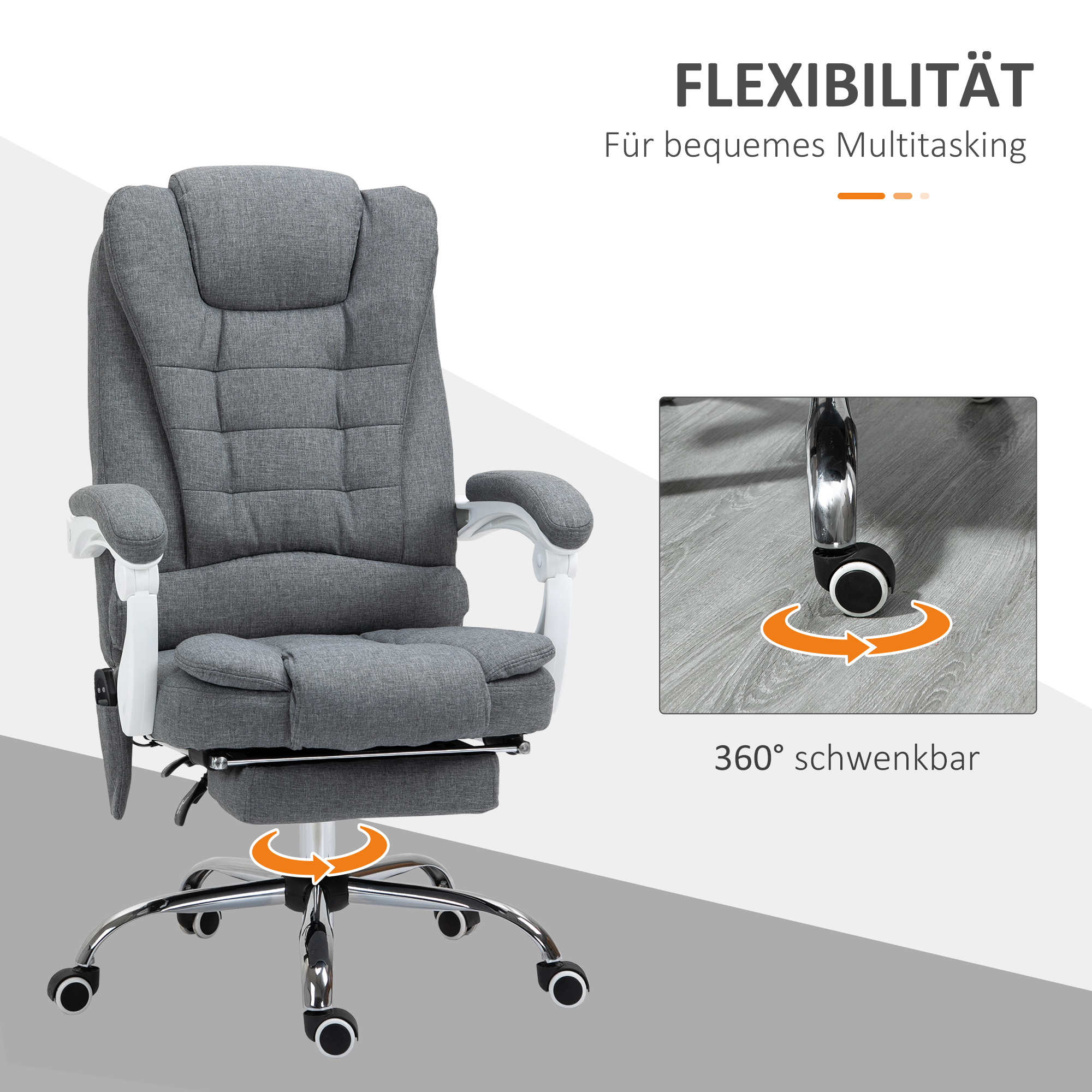 Bürostuhl mit Massage- und Heizfunktion, neigbare Rückenlehne, drehbar & höhenverstellbar, bis 120 kg, Grau