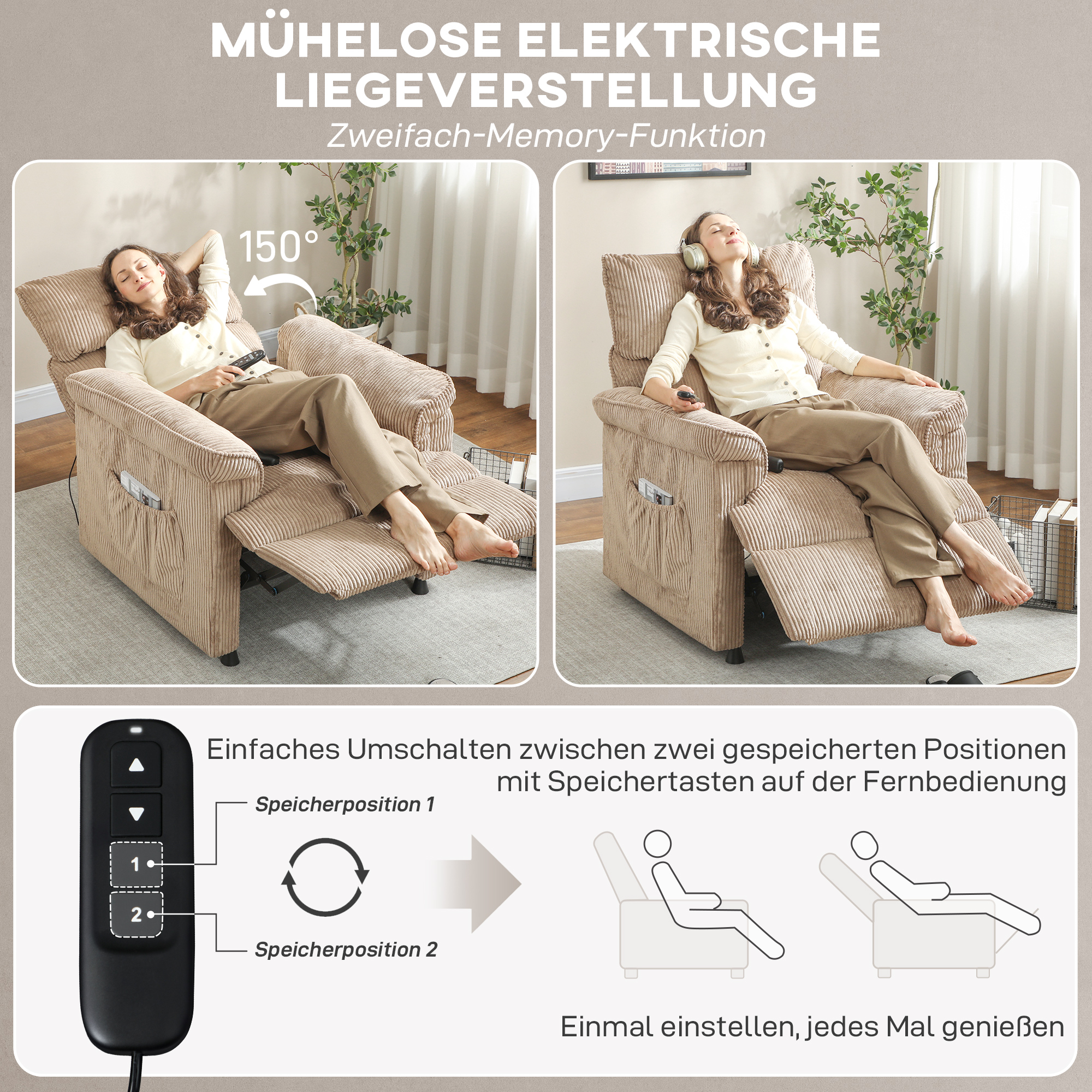 Massagesessel mit Vibrationsmodi, Wärmefunktion, leiser Motor, Memory-Funktion, Stahl, Stoffbezug, Braun