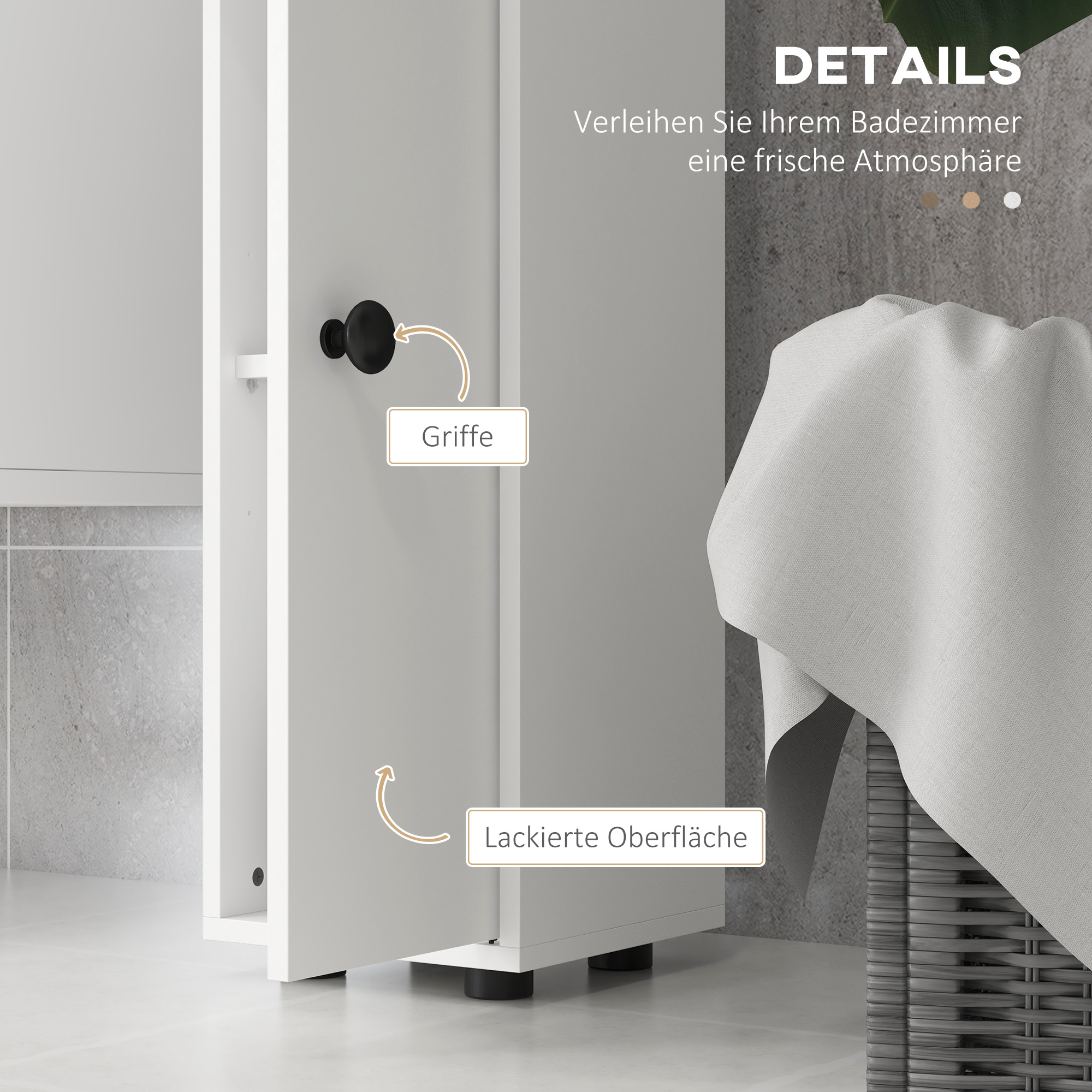 Badezimmerschrank, 4 Regale, Schublade, Spanplatte, schlankes Design, Weiß