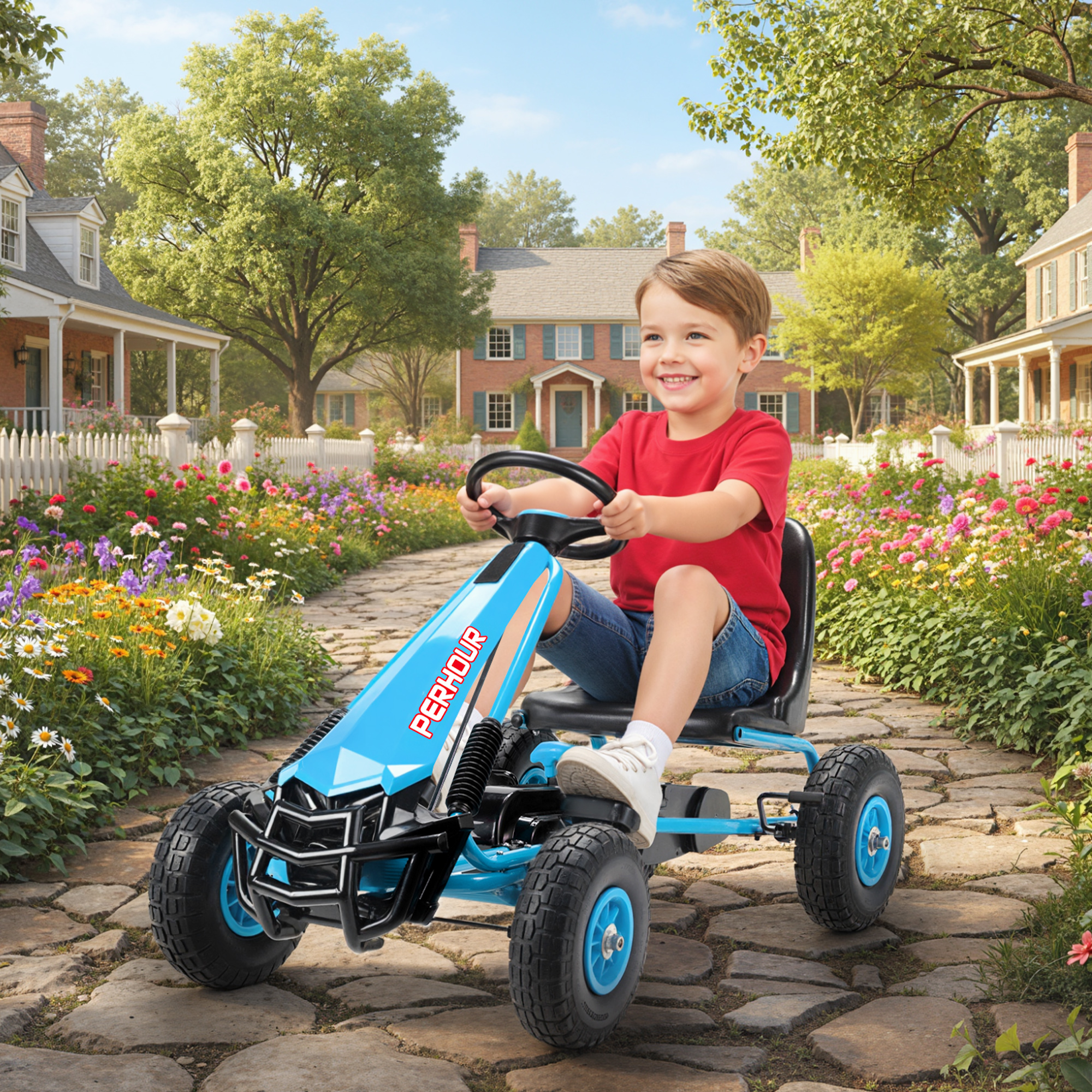 Pedal-Gokart für Kinder, höhenverstellbarer Sitz, EVA-Räder, Bremse, Kupplung, 3-8 Jahre, Blau
