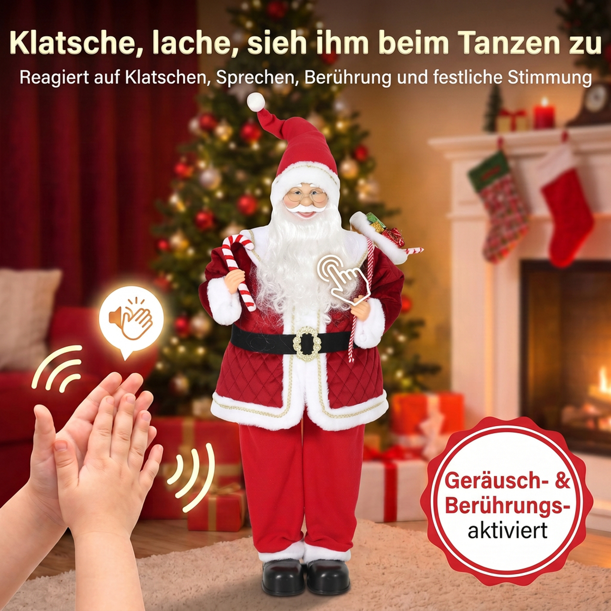 Singender Weihnachtsmann, 120 cm, lebensgroß, animiert, mit drehbarem Kopf und beweglichen Armen