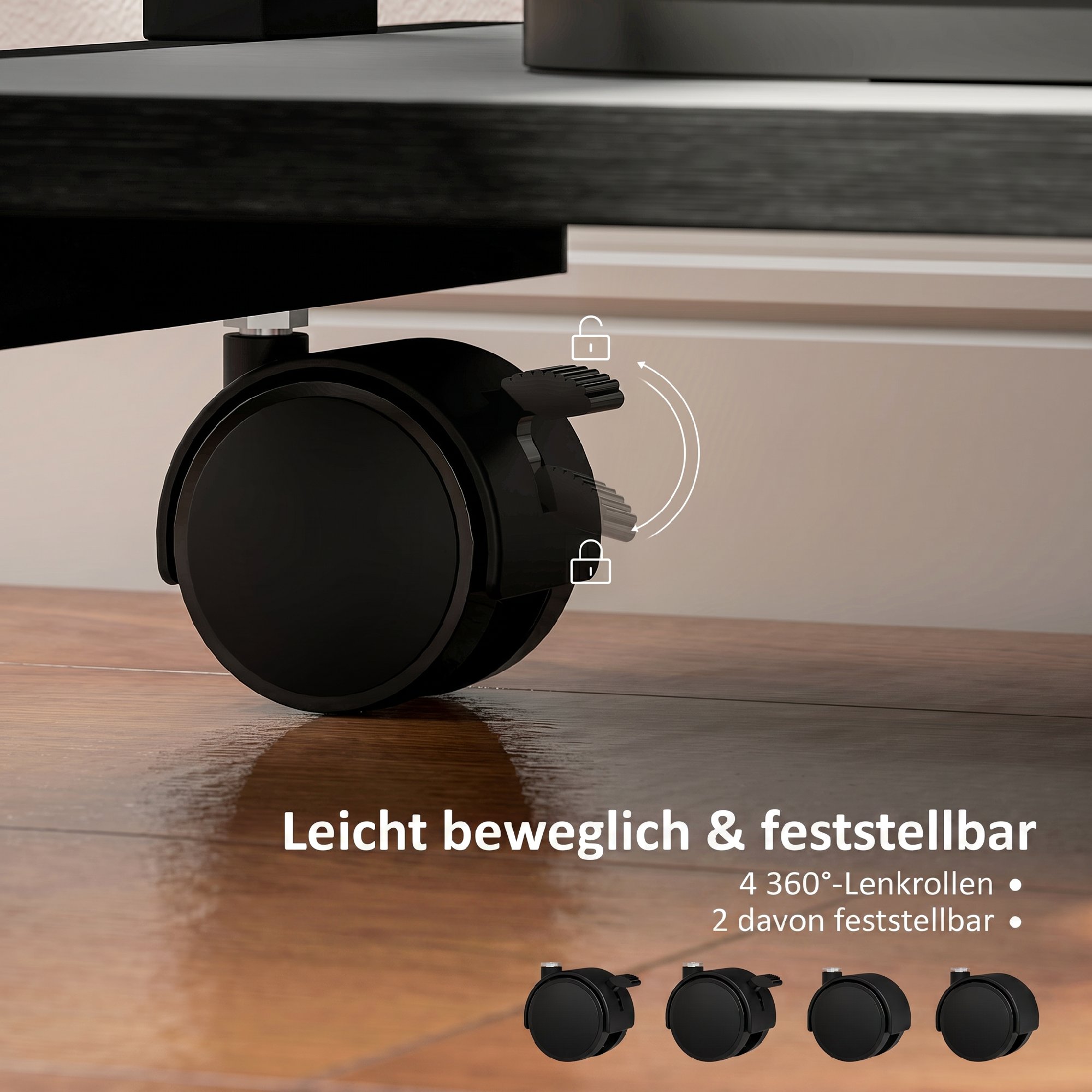 Roll-Schreibtisch mit Schublade und Regalen, 4 Räder, kompakt, Spanplatte, Metall