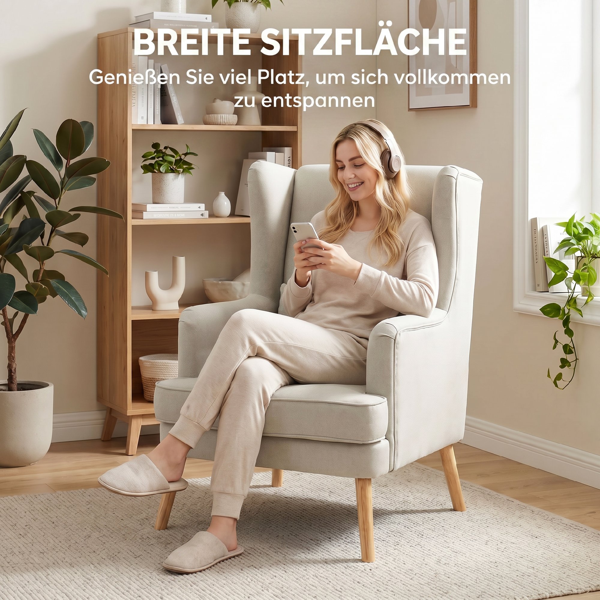 Akzentstuhl, Sessel mit Leinen-Optik, hoher Rückenlehne, breitem Sitz, Lendenkissen, Beige