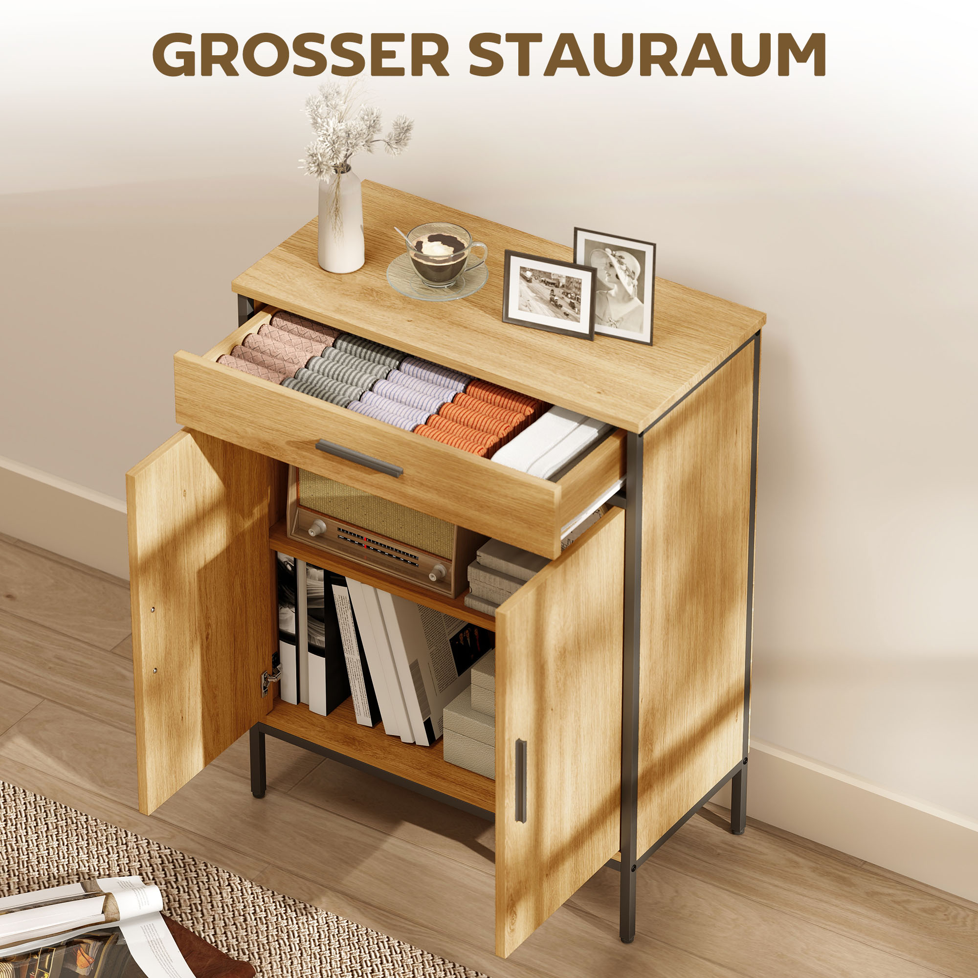 Badezimmerschrank, zweistufige Regale, große Schublade, Industriestil, Eichenoptik