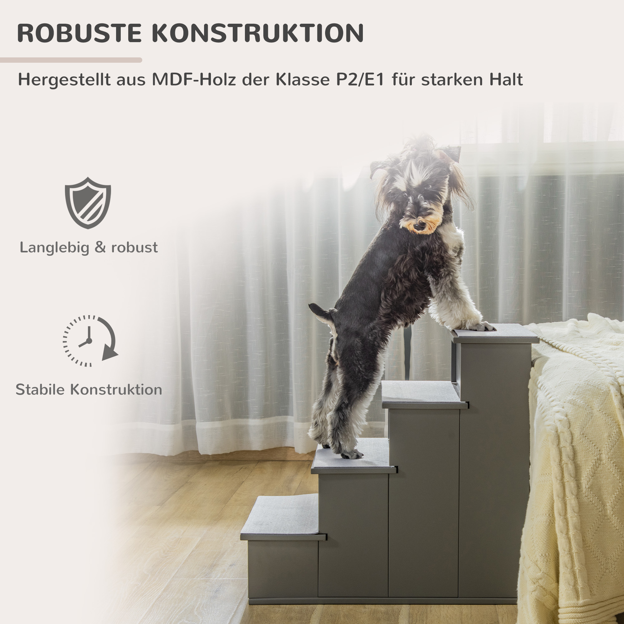 Haustiertreppe, für Hunde/Katzen, 4-stufig, Kurzplüsch, bis 30 kg, 40 x 59 x 54,2 cm, Grau