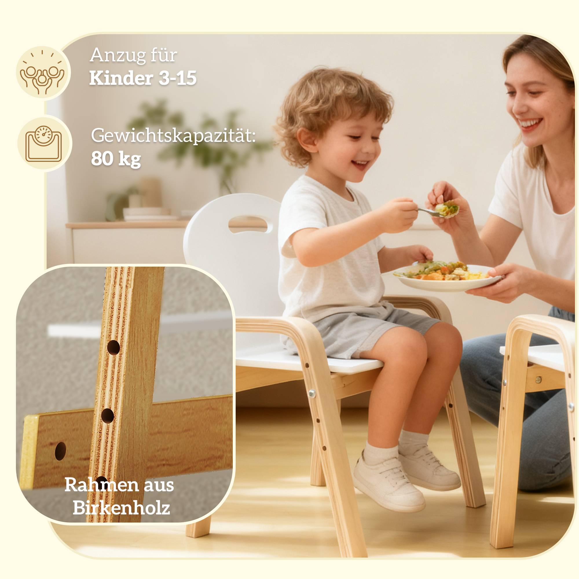 Holzstuhl-Set für Kinder, rutschfeste Fußpads, 3-9 Jahre, höhenverstellbar, Weiß