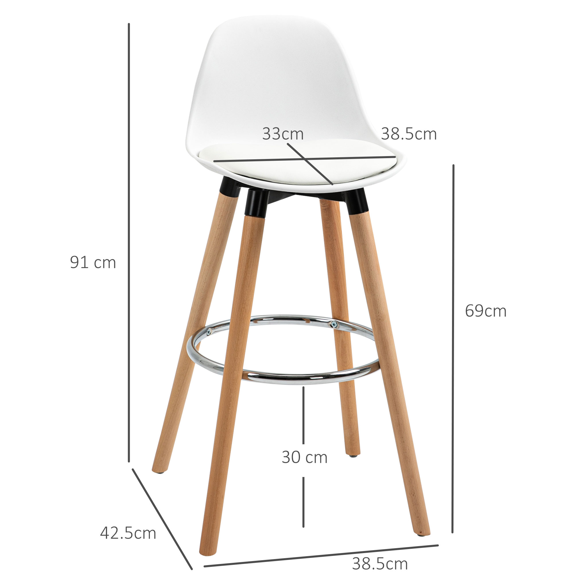 2er-Set Barhocker Barstühle Skandi-Design, Fußtstütze, 38,5 cm x 42,5 cm x 91 cm, Natur + Weiß