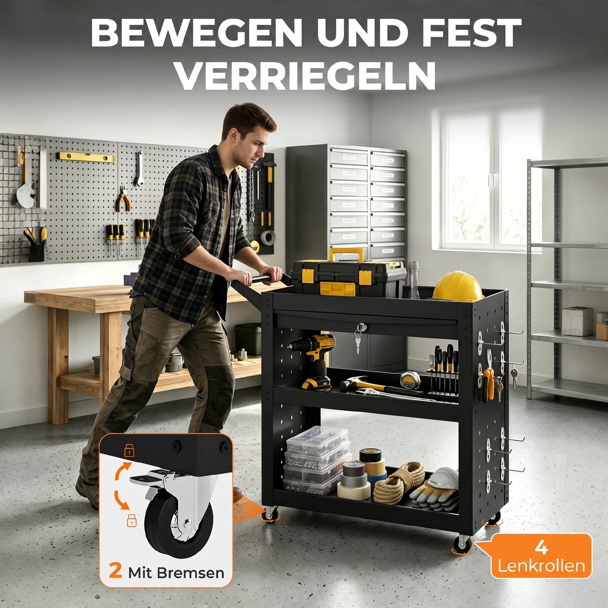 Werkzeugwagen mit abschließbaren Rollen, rollender Werkstattwagen mit 3 Ebenen, Schublade und Lochplatten, Schwarz