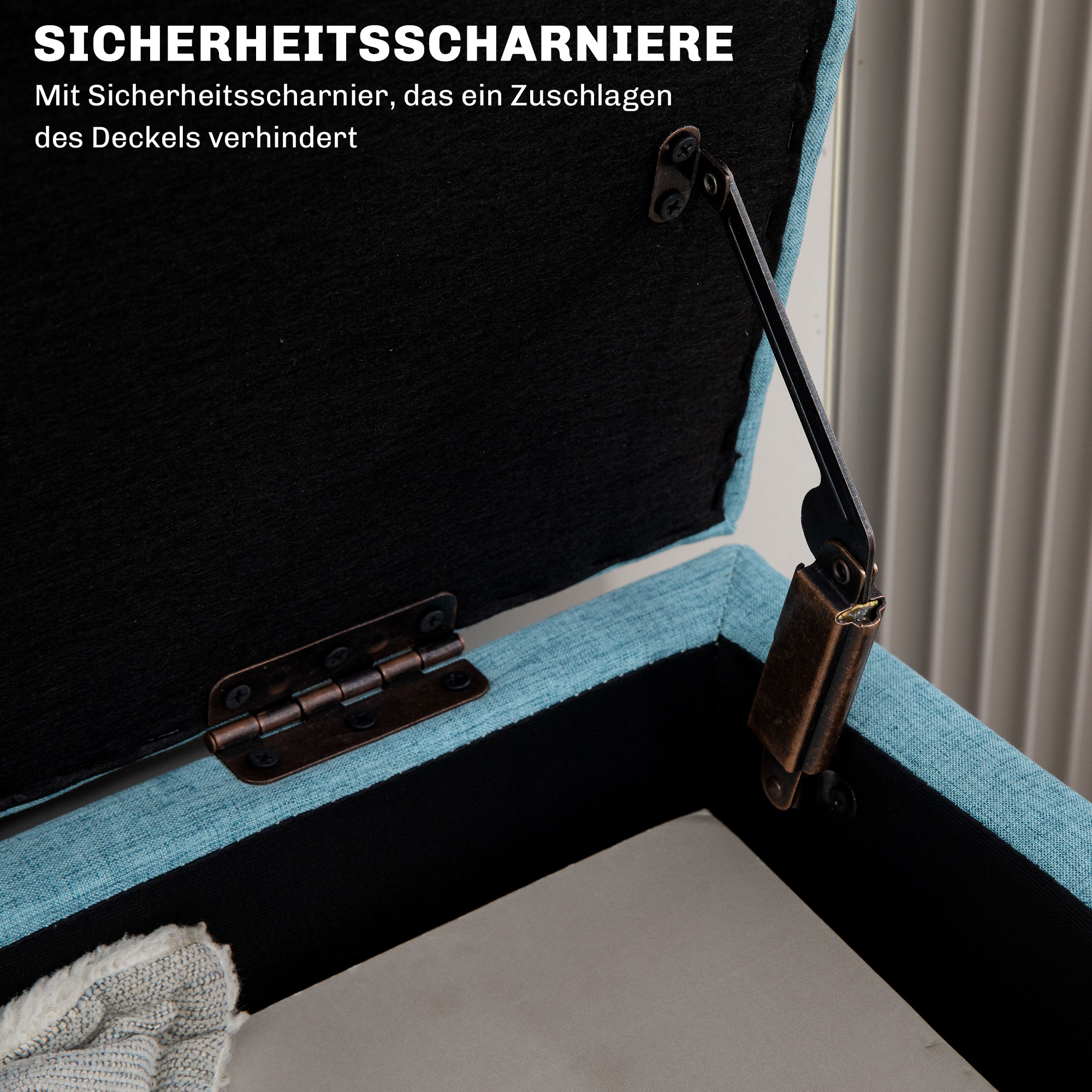 Sitzbank mit Stauraum, bis 220 kg, Leinenoptik, 110x39x45cm, Blau