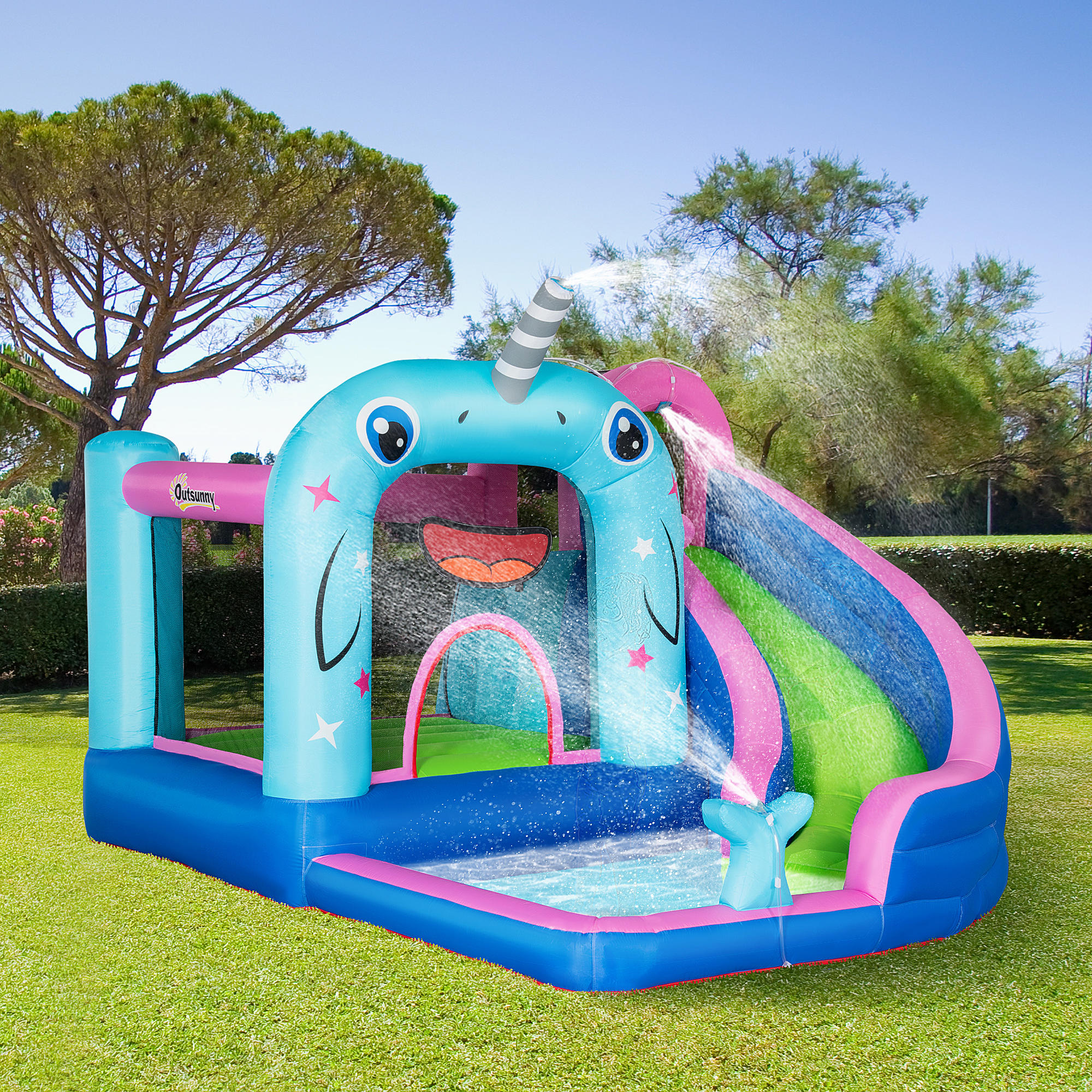 Aufblasbare Hüpfburg mit Rutsche, Hüpfecke, Wasserbecken, Wasserdüsen, 330 x 280 x 200 cm