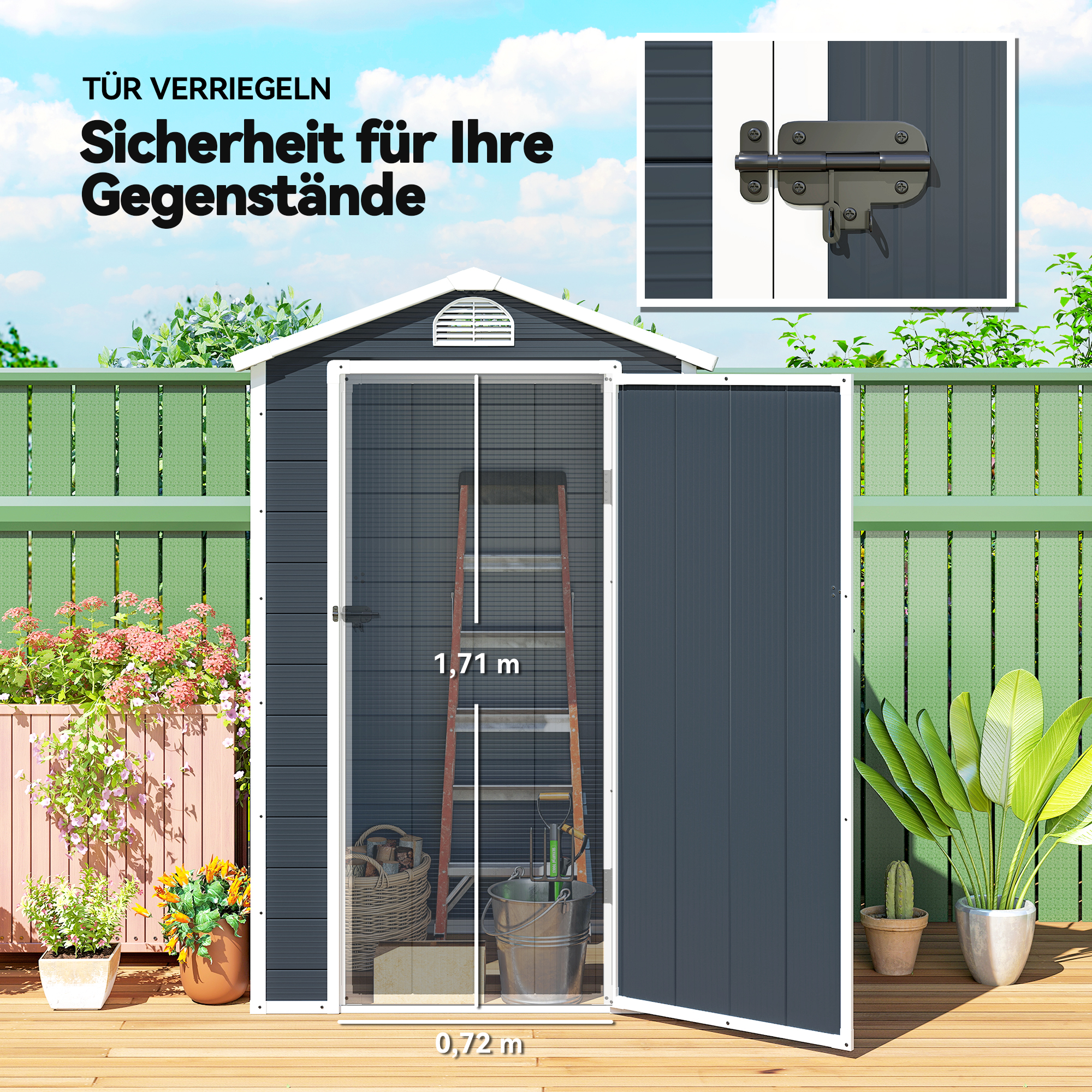 Gerätehaus Kunststoff 1,9m² 134x104x204cm Geräteschuppen mit Satteldach Tür wetterfest Gartenhaus Outdoor Garten Schuppen Schrank für Hinterhof Außenbereich Dunkelgrau