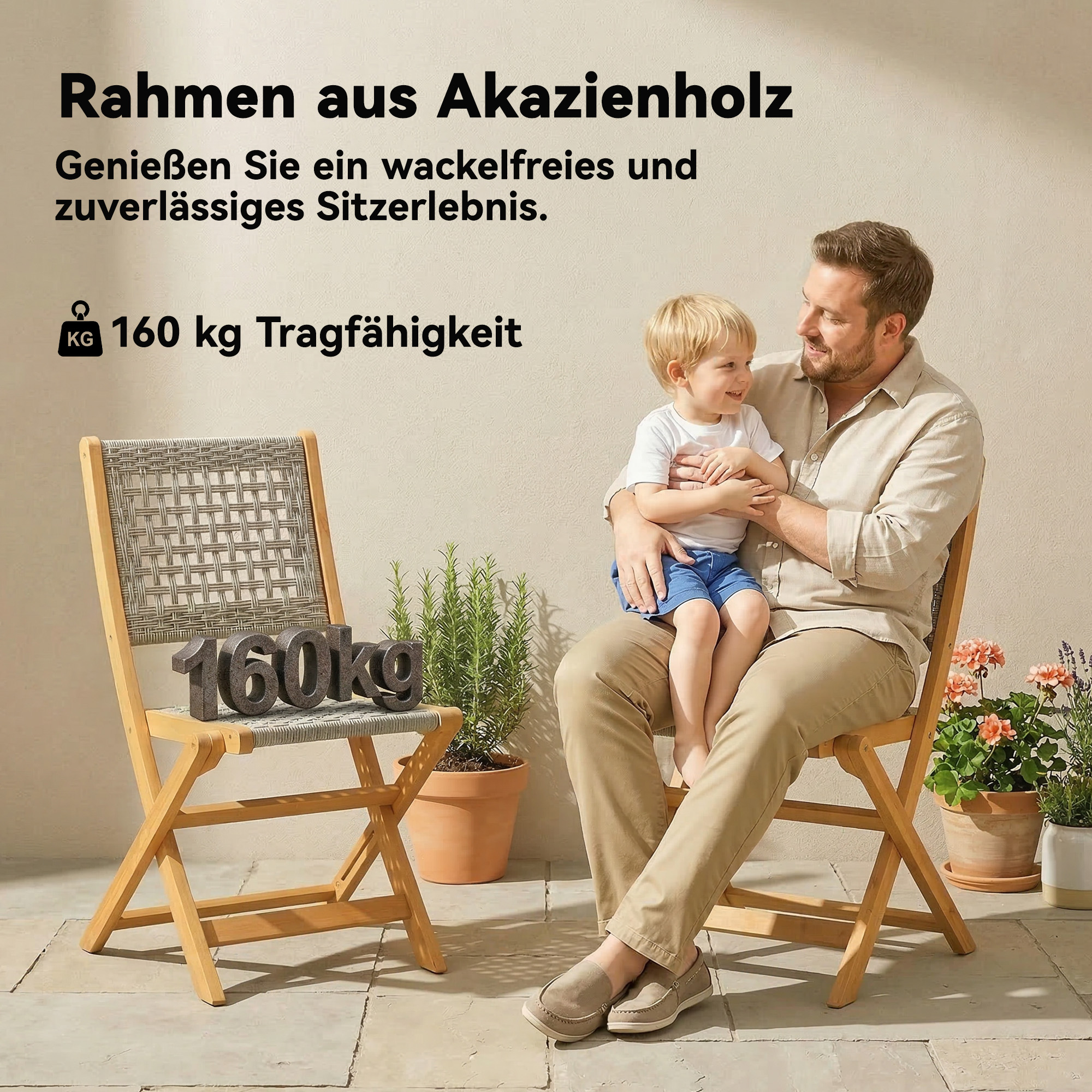 Gartenstühle 2 Stück FSC Klappstuhl mit Atmungsaktiv Sitz angenehme Sitzhöhe aus Massivholz & Polyrattan