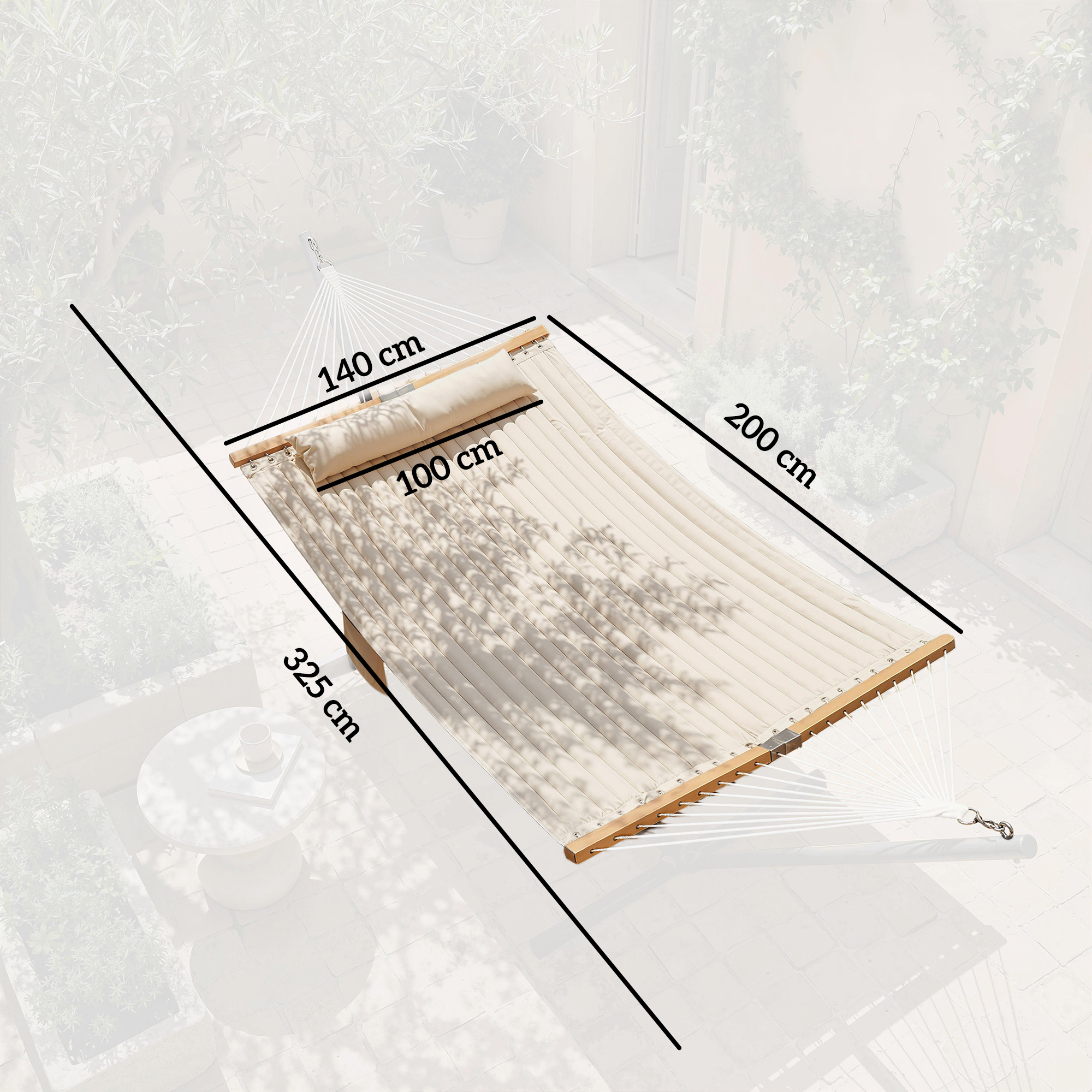 Hängematte Outdoor 200x140cm, zweilagig Hängematte mit Kopfstütze Magazintasche Holzstäbe bis 200kg