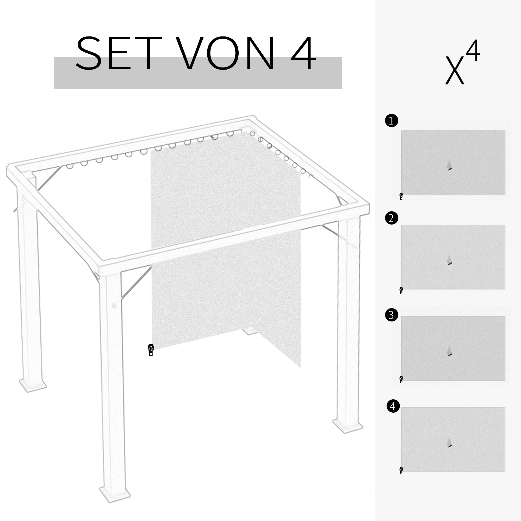4 Ersatzvorhänge für 3x3m Pavillons, robust, für Stangen und Gleitschienen, doppelter Reißverschluss, beige