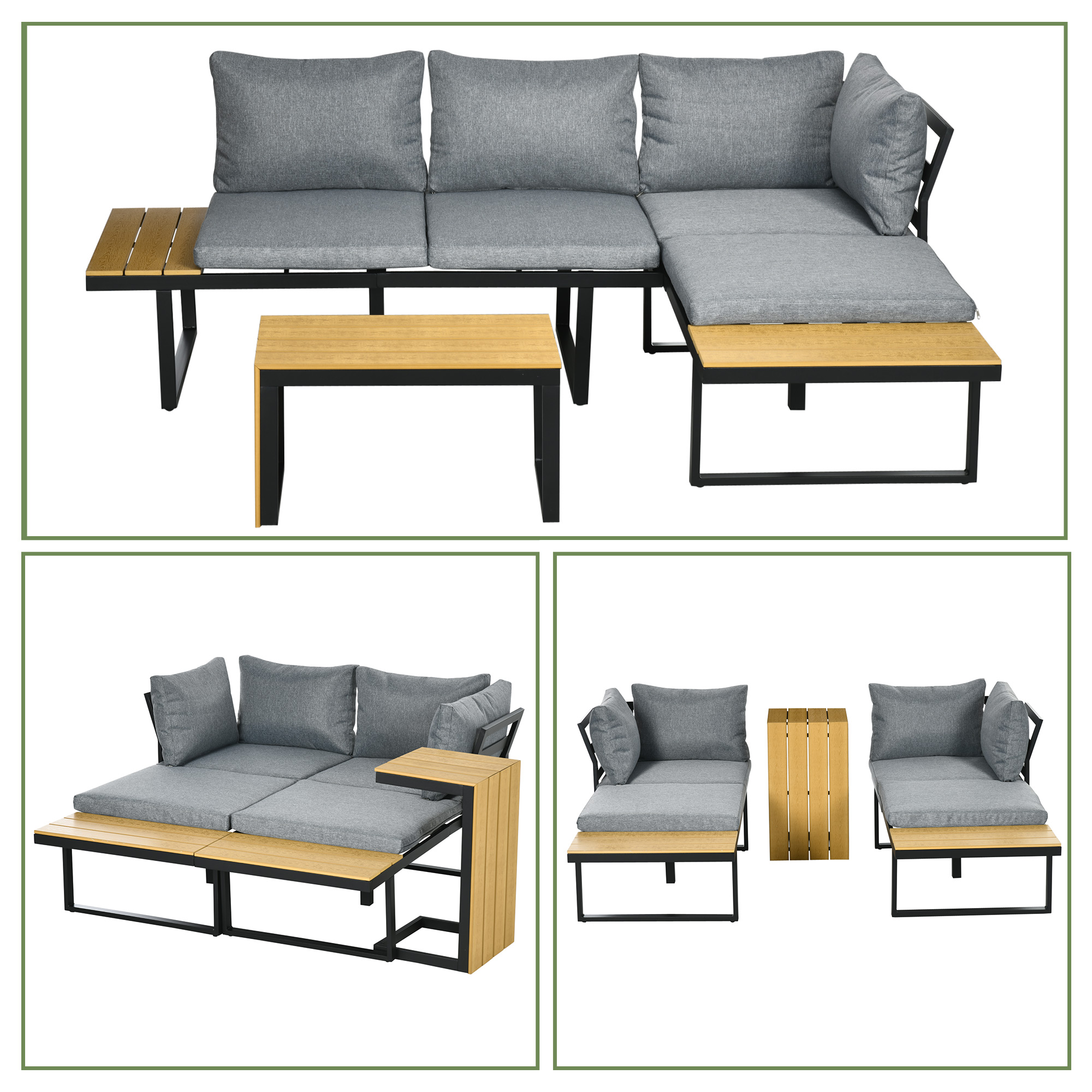 Gartenmöbel-Set für 3 Personen Balkonmöbel mit Sitzkissen, Aluminiumrahmen, Holzoptik, Dunkelgrau+Natur