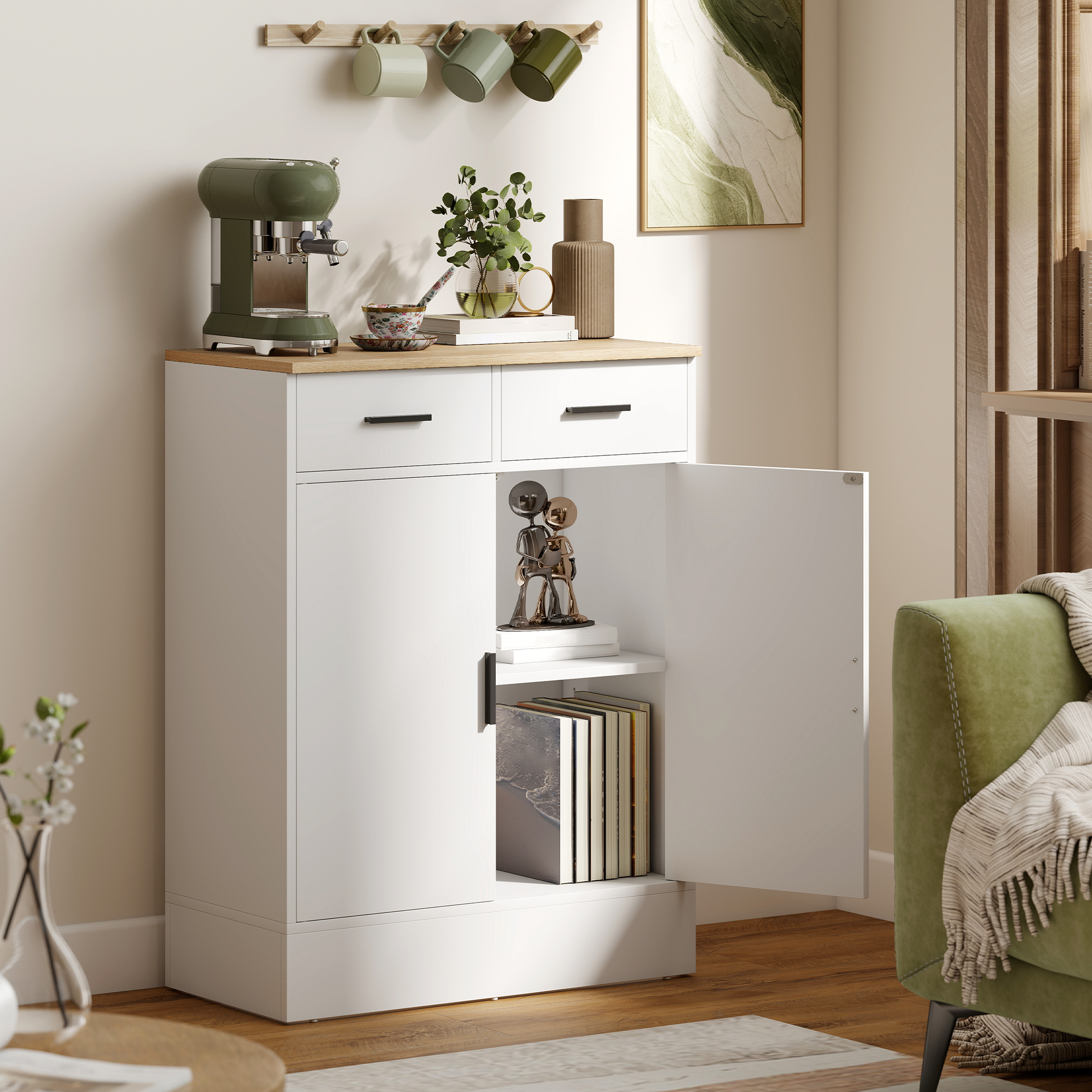 Sideboard mit Stauraum, Kommode mit 2 Schubladen, verstellbares Regal, für Küche, Wohnzimmer, Flur, Naturholz, Weiß