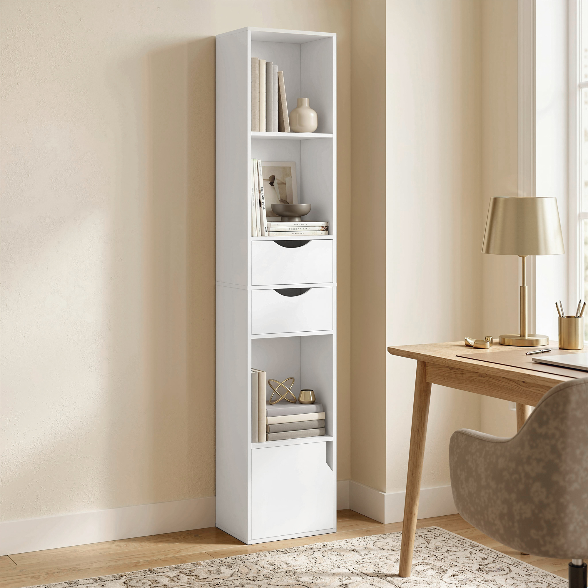 Bücherregal mit 2 Schubladen, Schmaler Bücherschrank mit 3 offenen Regalebenen, für Büro, Schlafzimmer 30x24x158cm Weiß