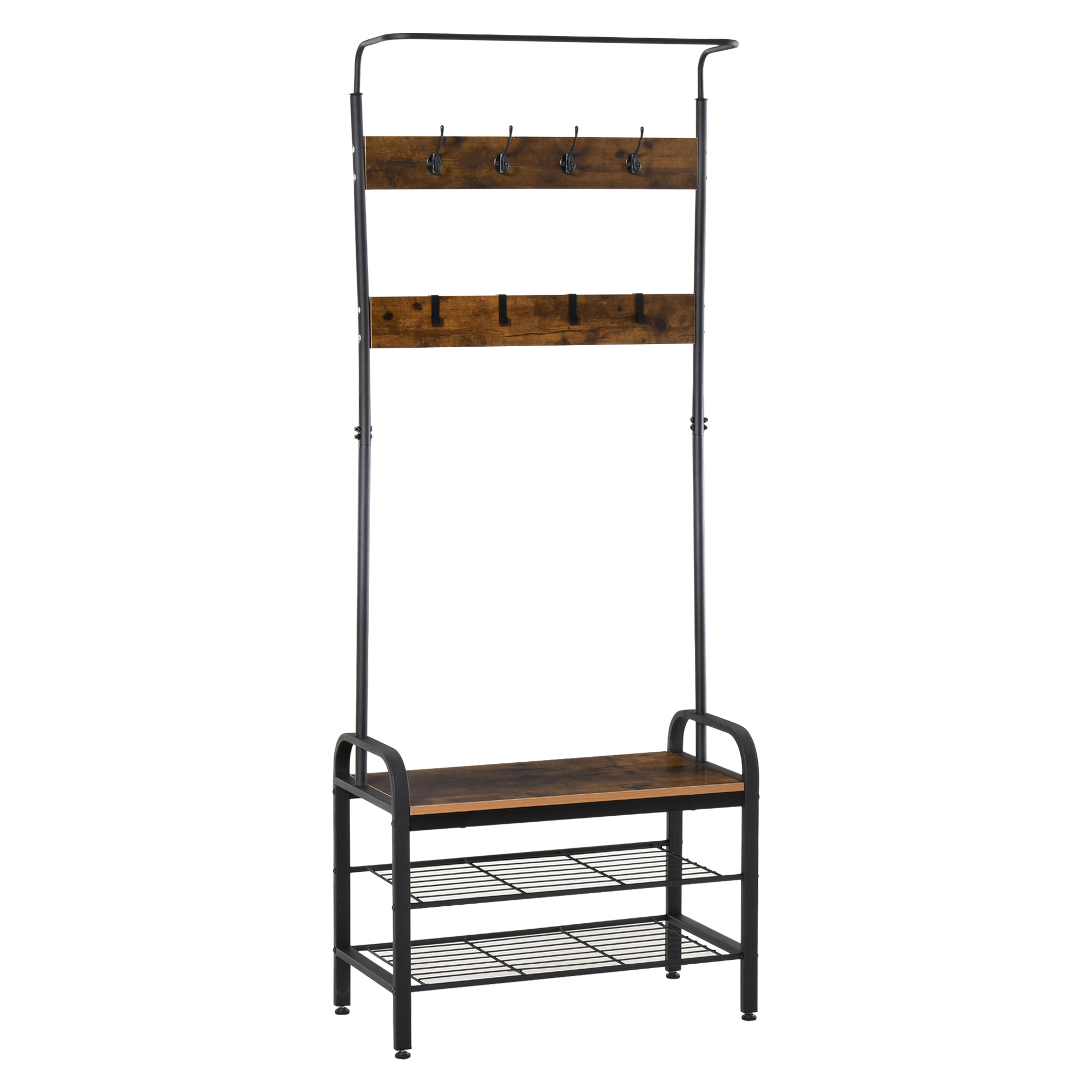 Garderobenständer Schuhregal Kleiderständer mit 8 Haken 2 Ablagen MDF Schwarz 72 x 34 x 185 cm Garderobenständer Schuhregal Kleiderständer mit 8 Haken 2 Ablagen MDF Schwarz 72 x 34 x 185 cm