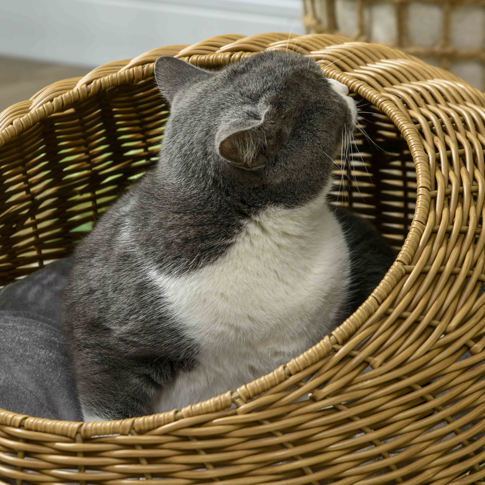 Katzenhöhle mit waschbarem Kissen, für Tiere bis 4 kg, Indoor, Kunst-Rattan, Ø50 x 31 cm, Hellbraun