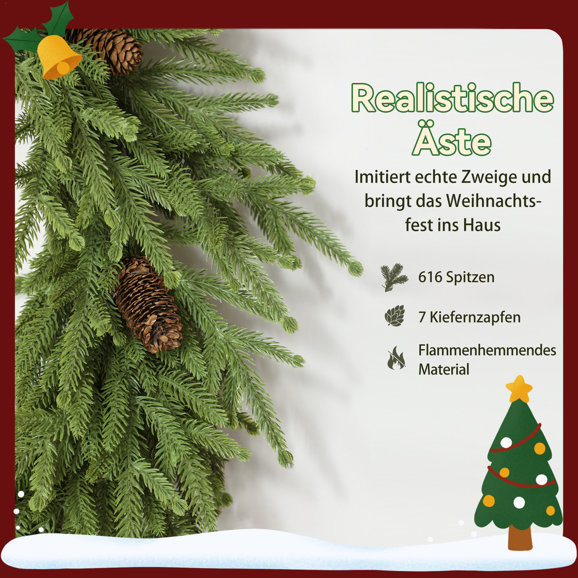 Weihnachtskranz mit Zapfen, Türkranz Künstlicher Weihnachtskranz für Tür Grün, Ø60 x 15 cm