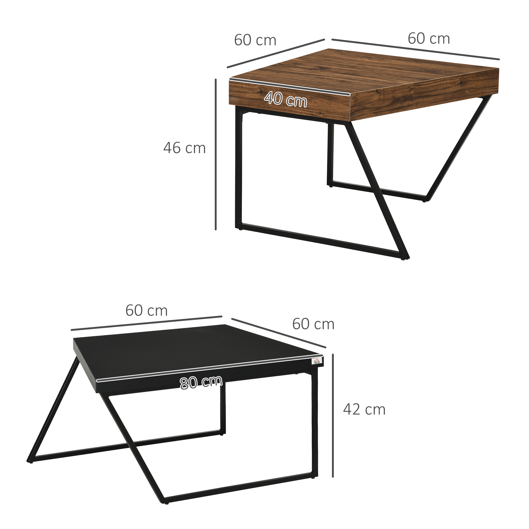 Couchtisch-Set, 2 Beistelltische, Industrial Design, Stahlrahmen, Holz/Schwarz