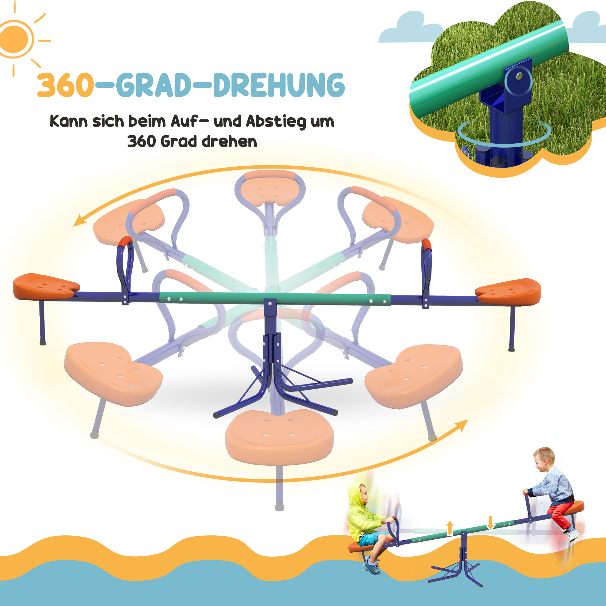 Kinderwippe 360° drehbar 2 Sitzer UV-besta?ndig Gartenwippe bis 90kg mit Griff 3-zackig Stützbeinen für Kinder 3-8 Jahre