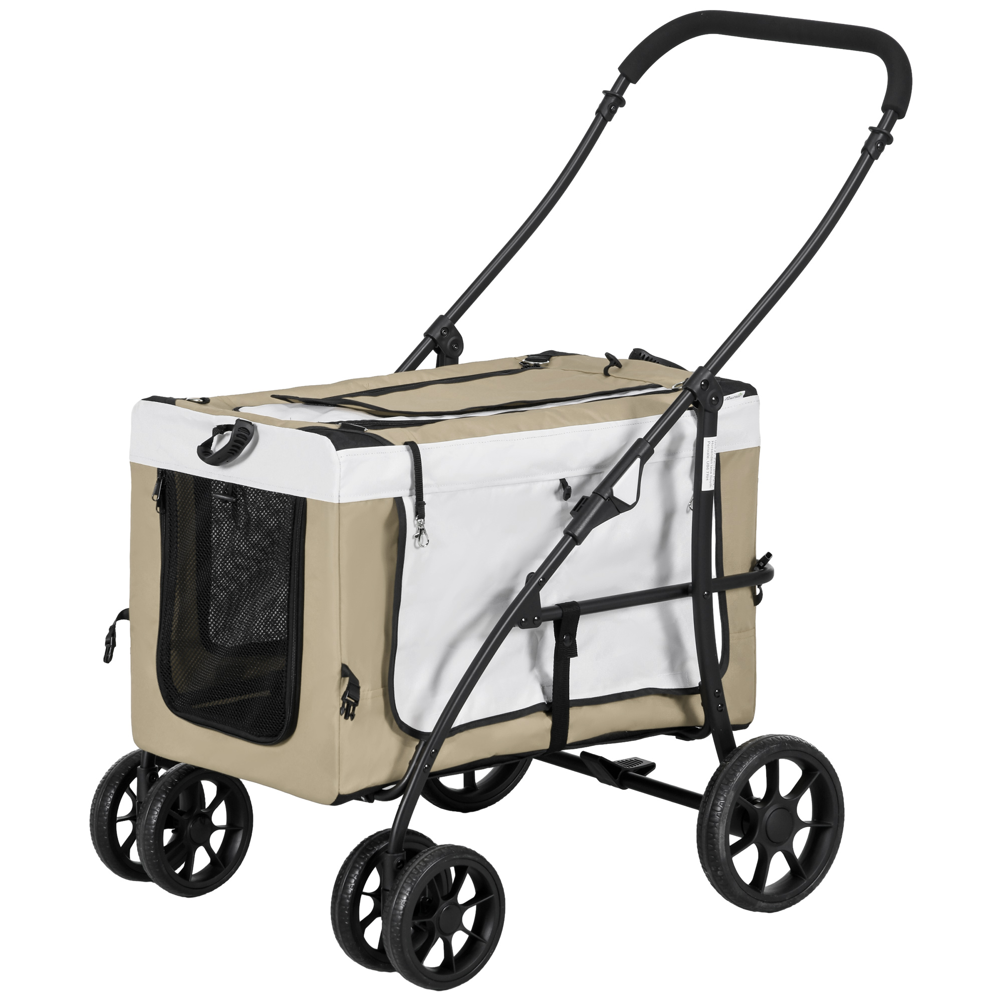 Hundbuggy Haustierbuggy Hundewagen, klappbar, abnehmbarer Korb, 81 x 58 x 97,5 cm, Schwarz+Khaki+Weiß