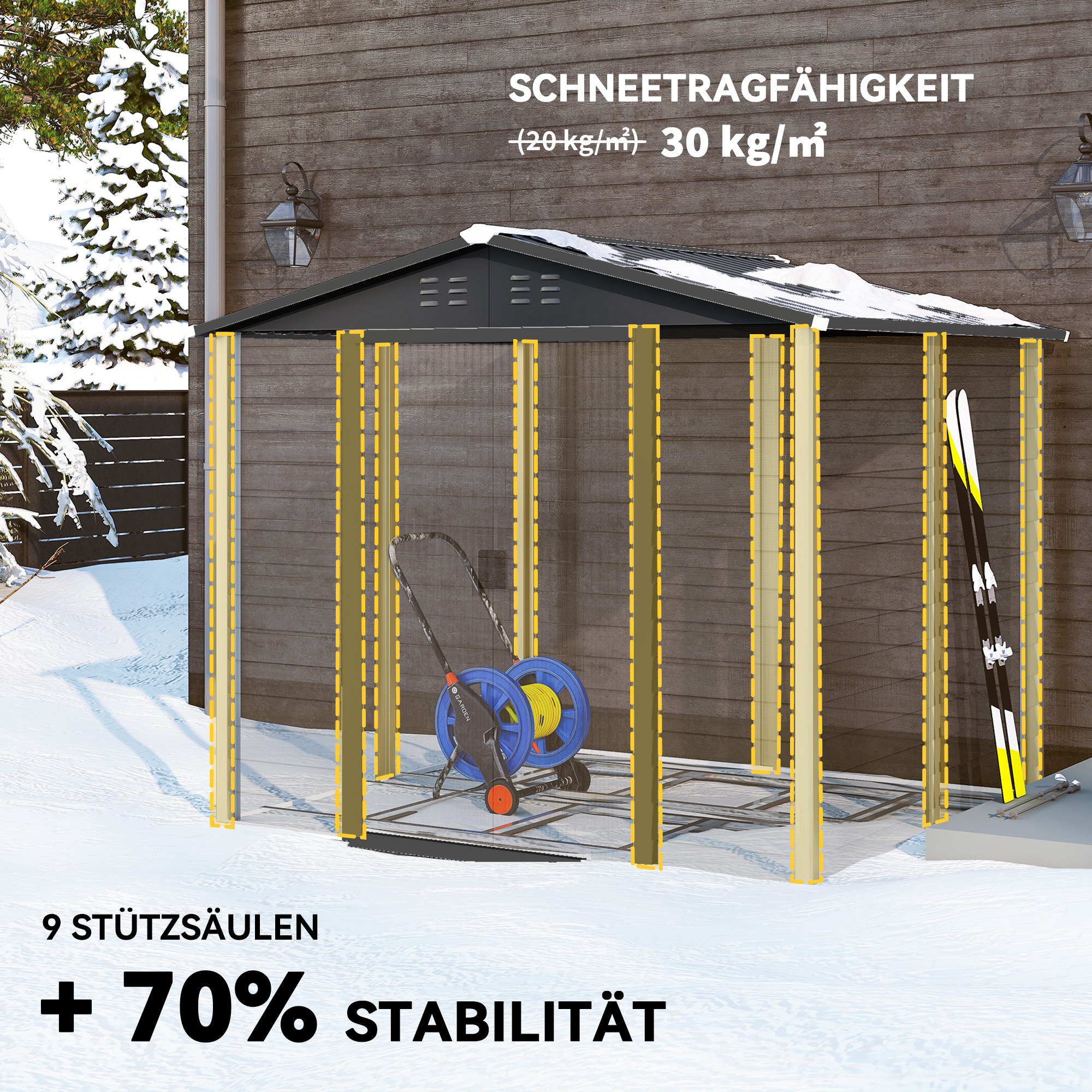 Geräteschuppen aus Metall, wetterfest & rostfrei, abschließbar,  2,40 x 2,06 x 1,98 m, Teak