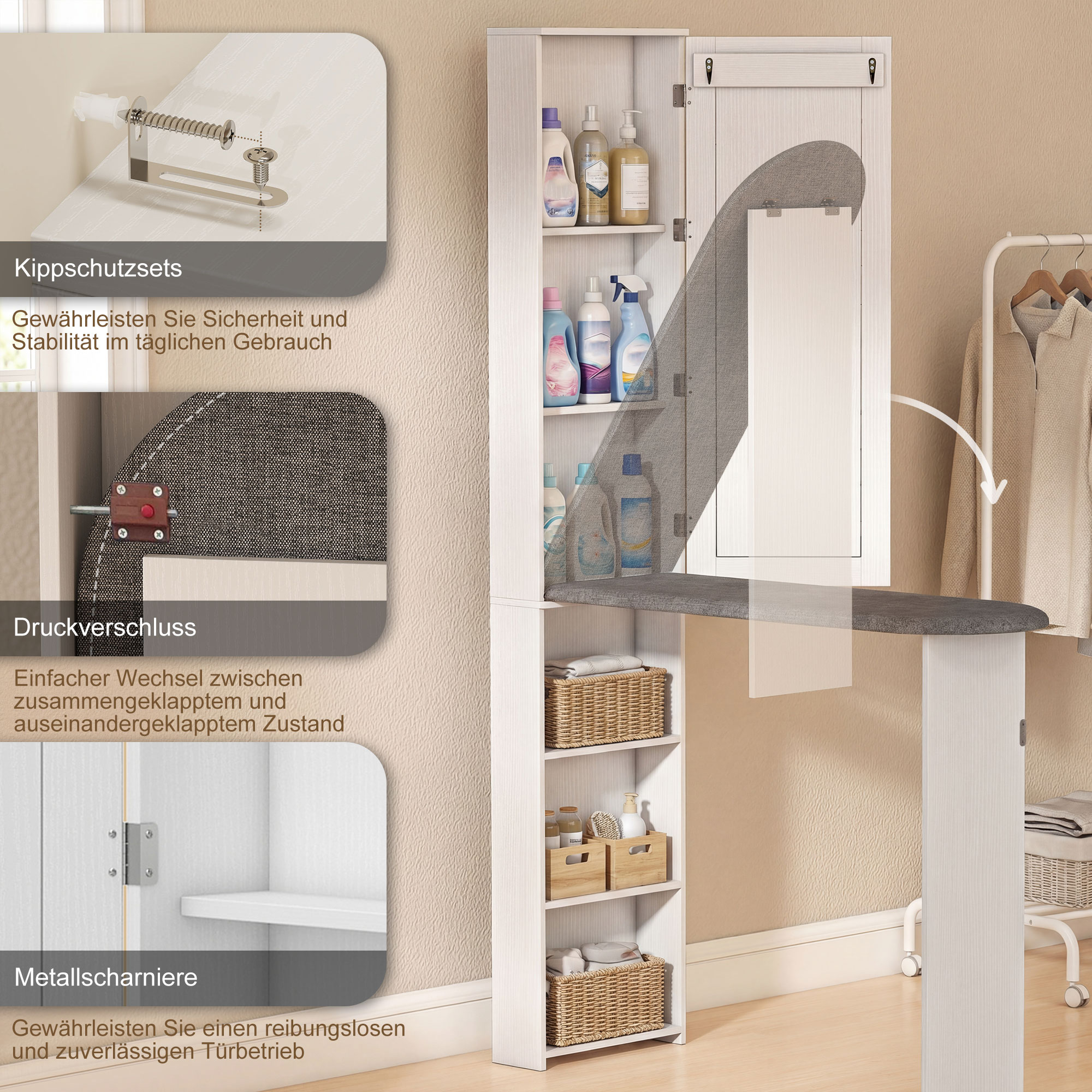 Bügelbrettschrank mit Tür internen Regalen Spiegel Platzsparend Bügeltisch für Wäschepflege 106x35x174 cm Weiß