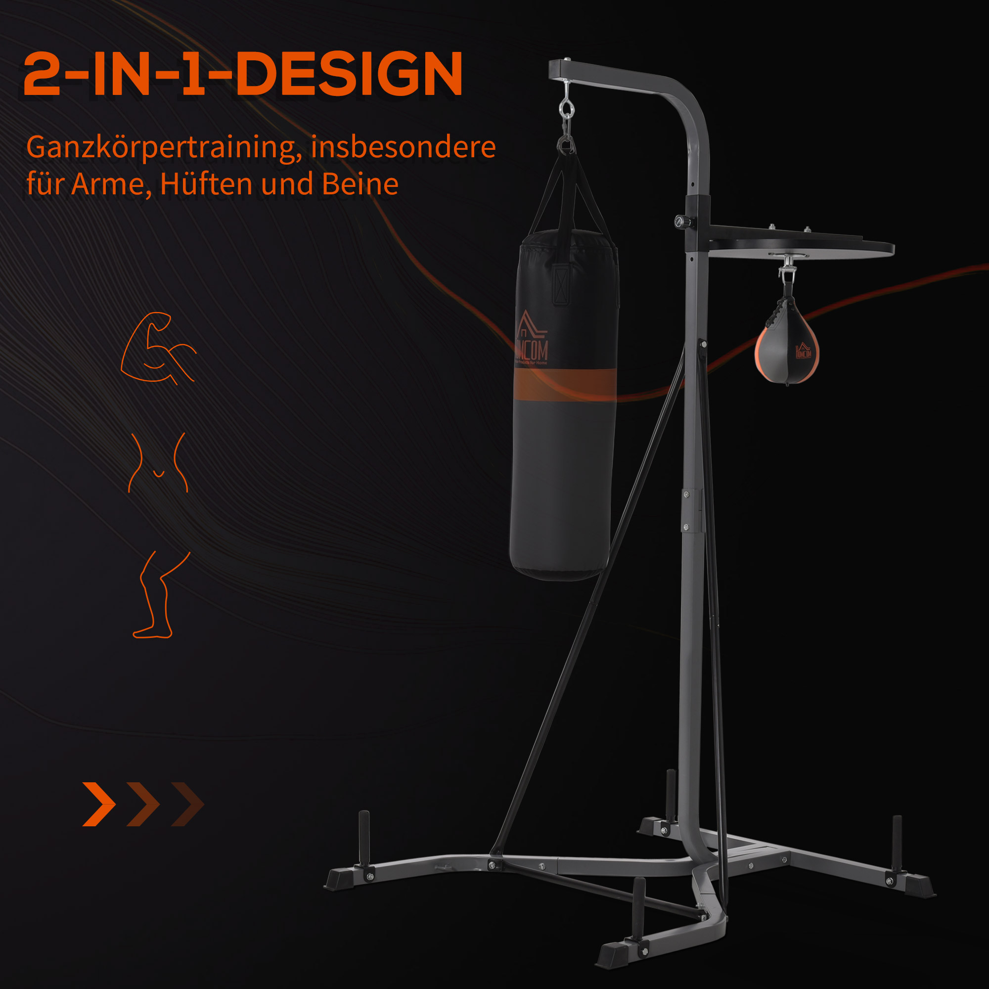 2-in-1 Boxsackständer max. Tragkraft 100 kg, drehbar Boxsackhalterung aus Stahl mit 20kg Boxsack Punchingball, stehend höhenverstellbar Boxsackhalter, für Indoor Fitness Training, Schwarz