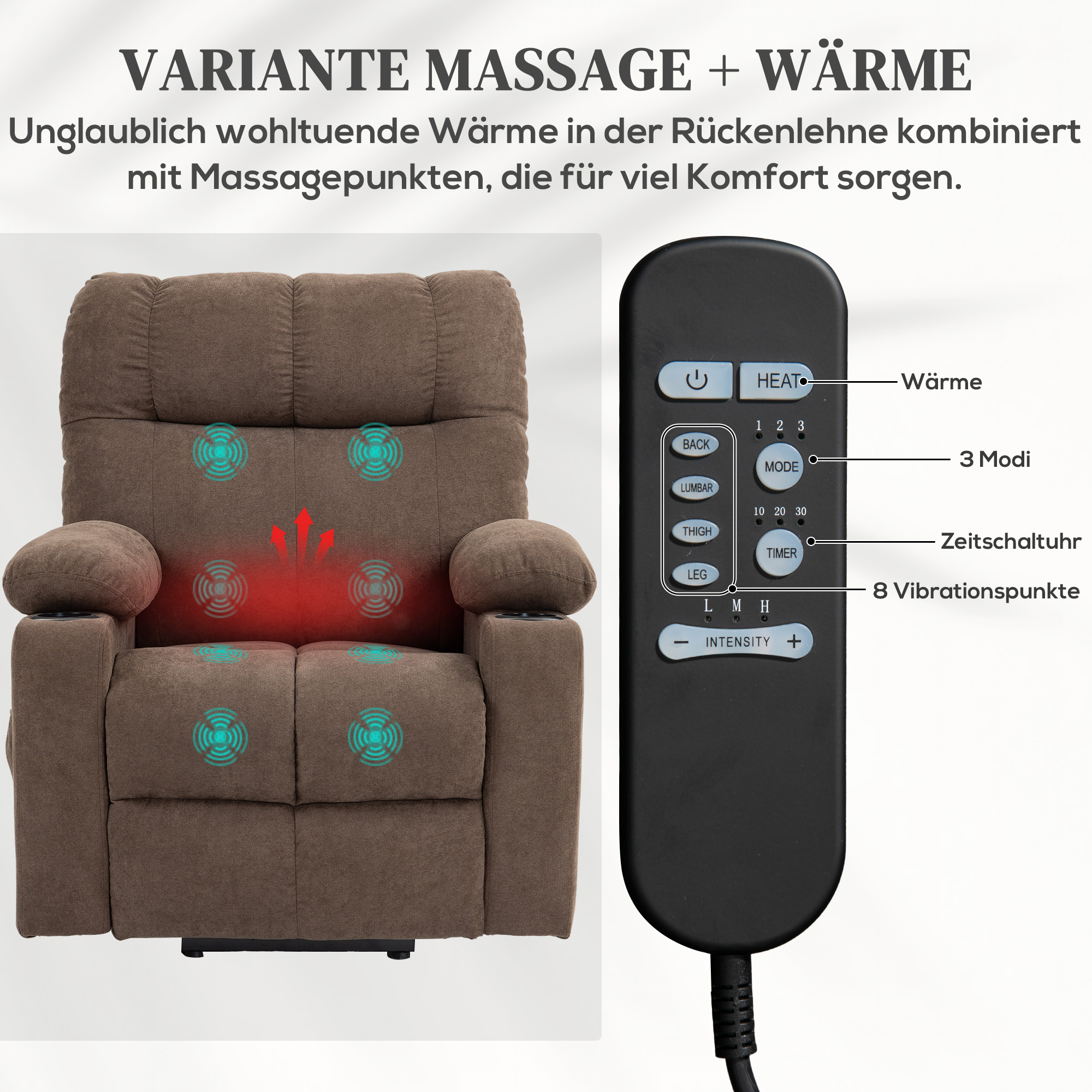 Relaxsessel mit Aufstehhilfe, elektrisch, 90x75x100cm, Braun