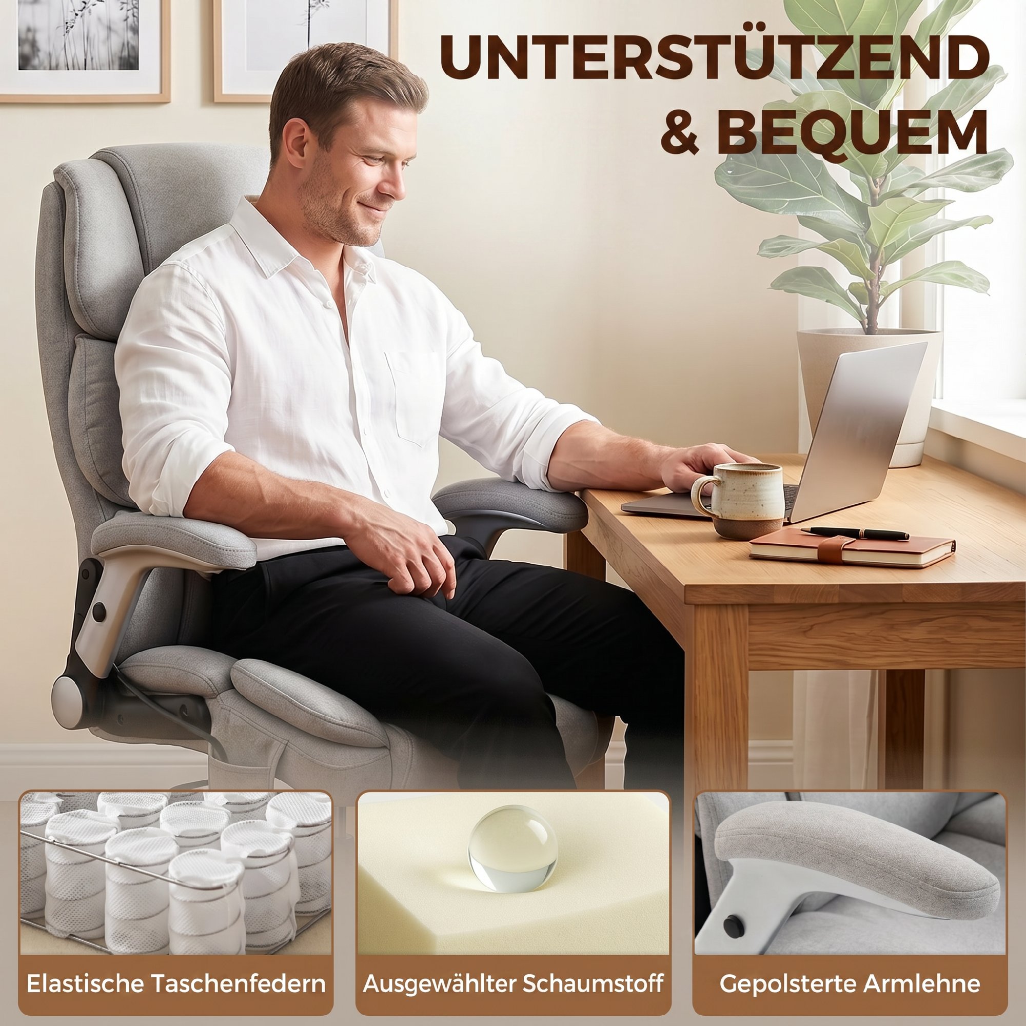 Bürostuhl mit Airbag-Lendenstütze, Schreibtischstuhl mit hochklappbaren Armlehnen, Taschenfedern, Hellgrau