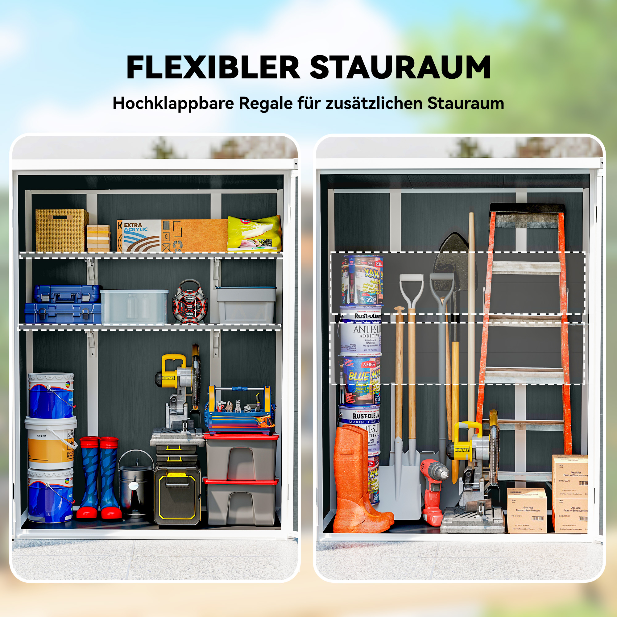 Gerätehaus 0,8m², Geräteschuppen mit klappbar Regale, 134 x 68,5 x 170 cm Kunststoff  mit Abschließbar Doppeltür Boden